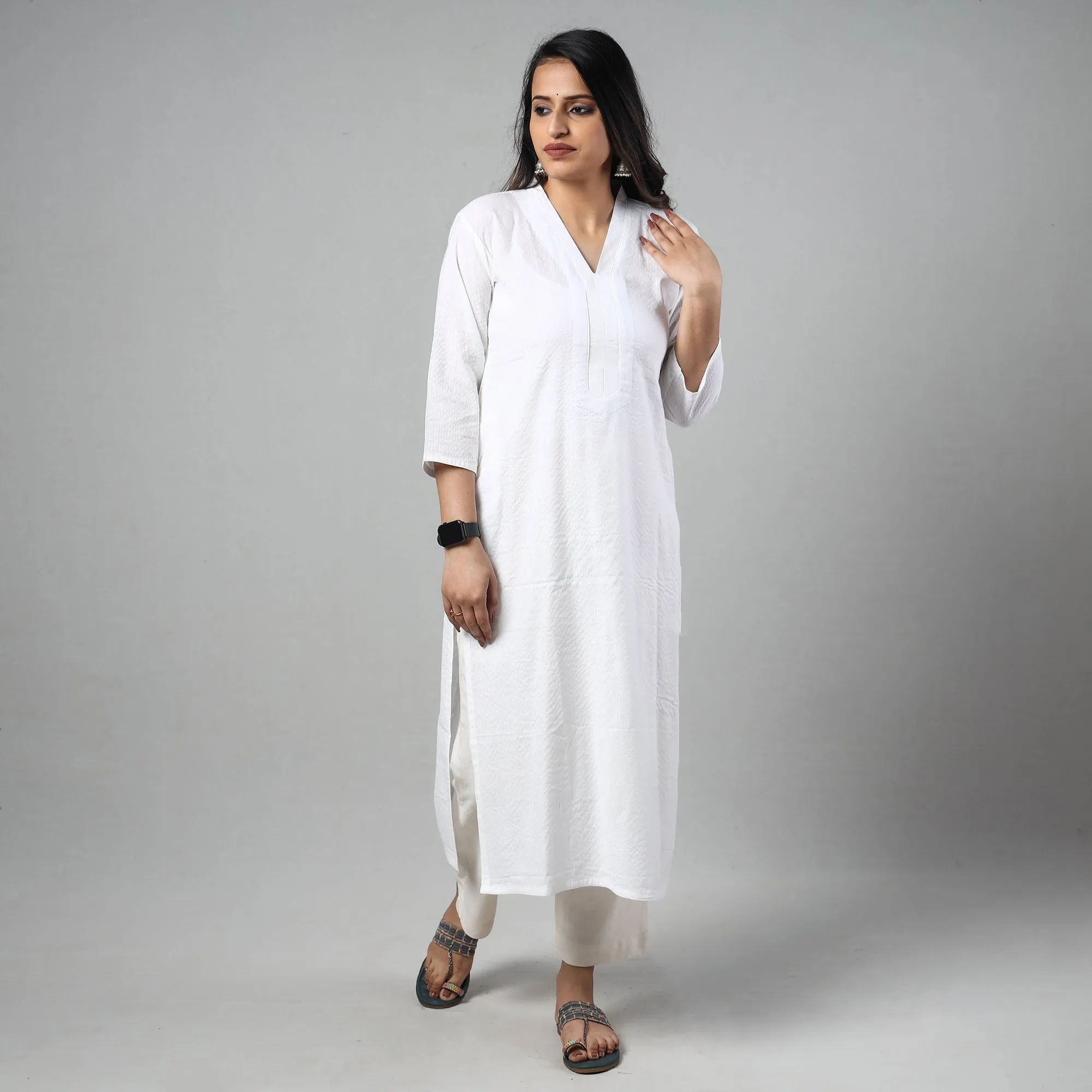 White - Running Stitch Cotton Long Straight Kurta sold by Itokri product image thumbnail 2