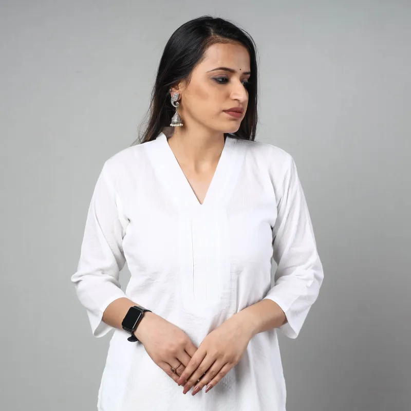 White - Running Stitch Cotton Long Straight Kurta made by Itokri