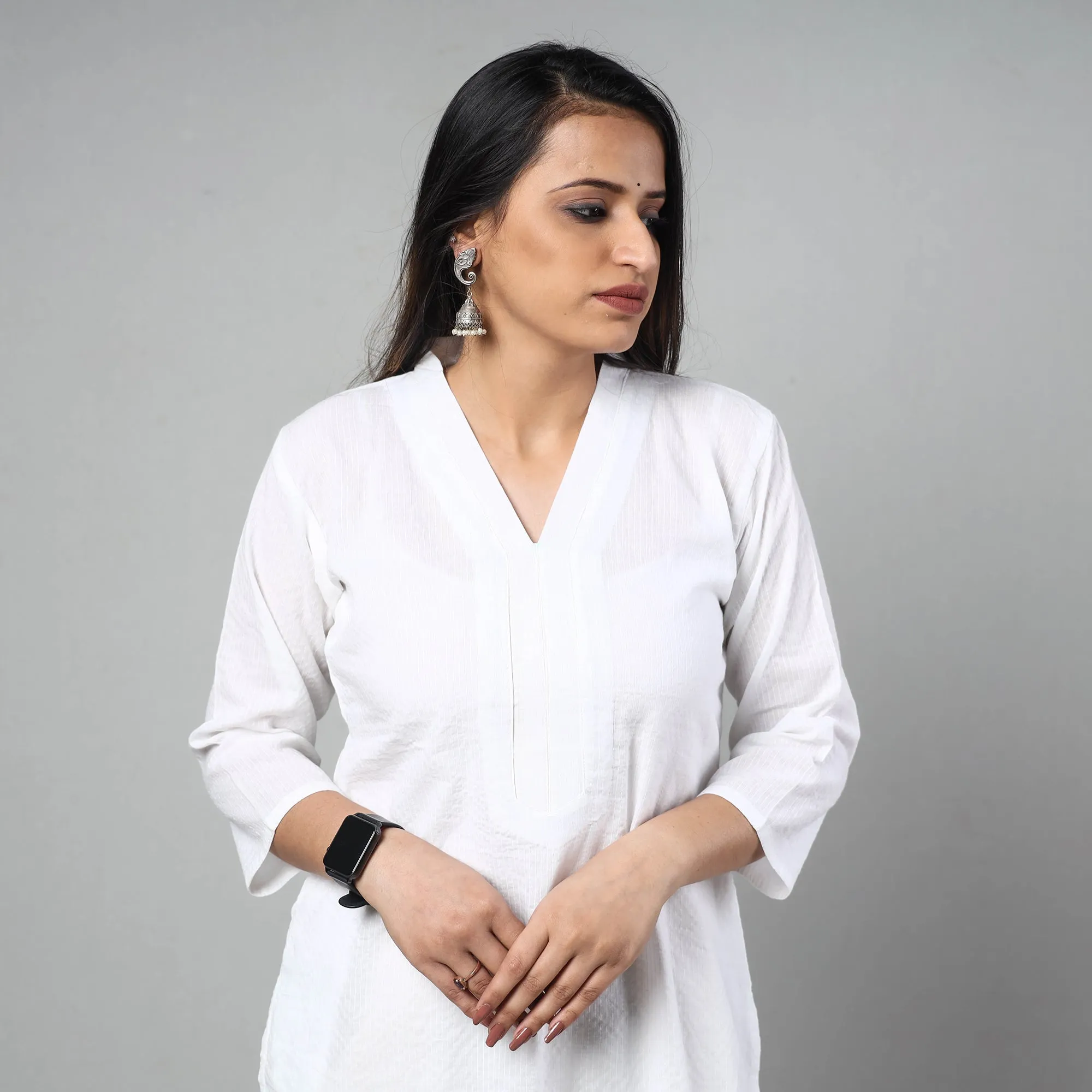 White - Running Stitch Cotton Long Straight Kurta sold by Itokri