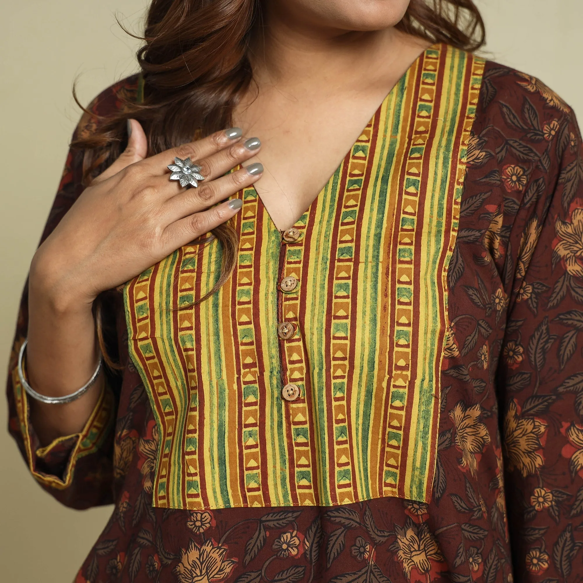 Brown - Jahota Block Printed Ajrakh Patchwork Cotton Kurta sold by Itokri product image thumbnail 4