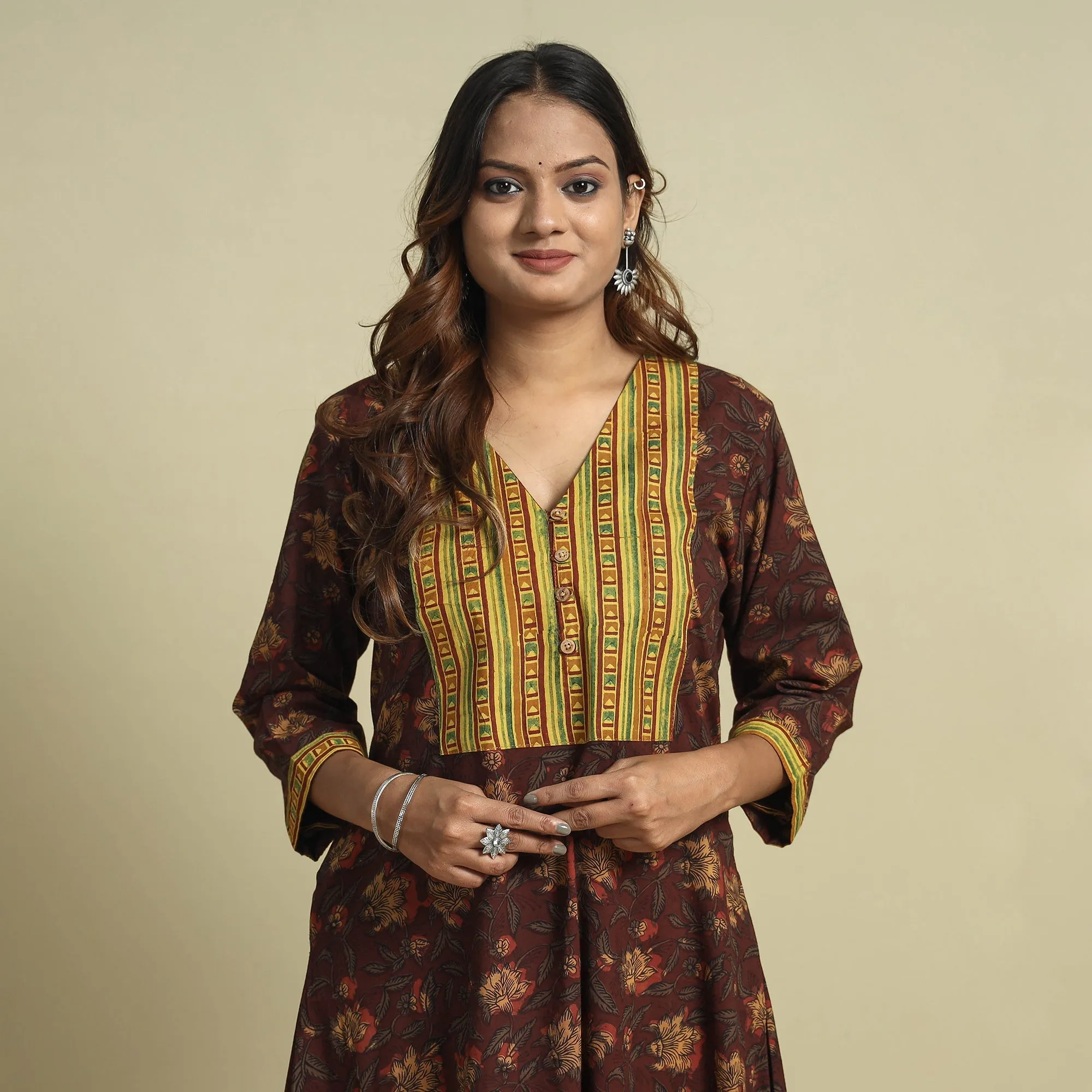 Brown - Jahota Block Printed Ajrakh Patchwork Cotton Kurta sold by Itokri