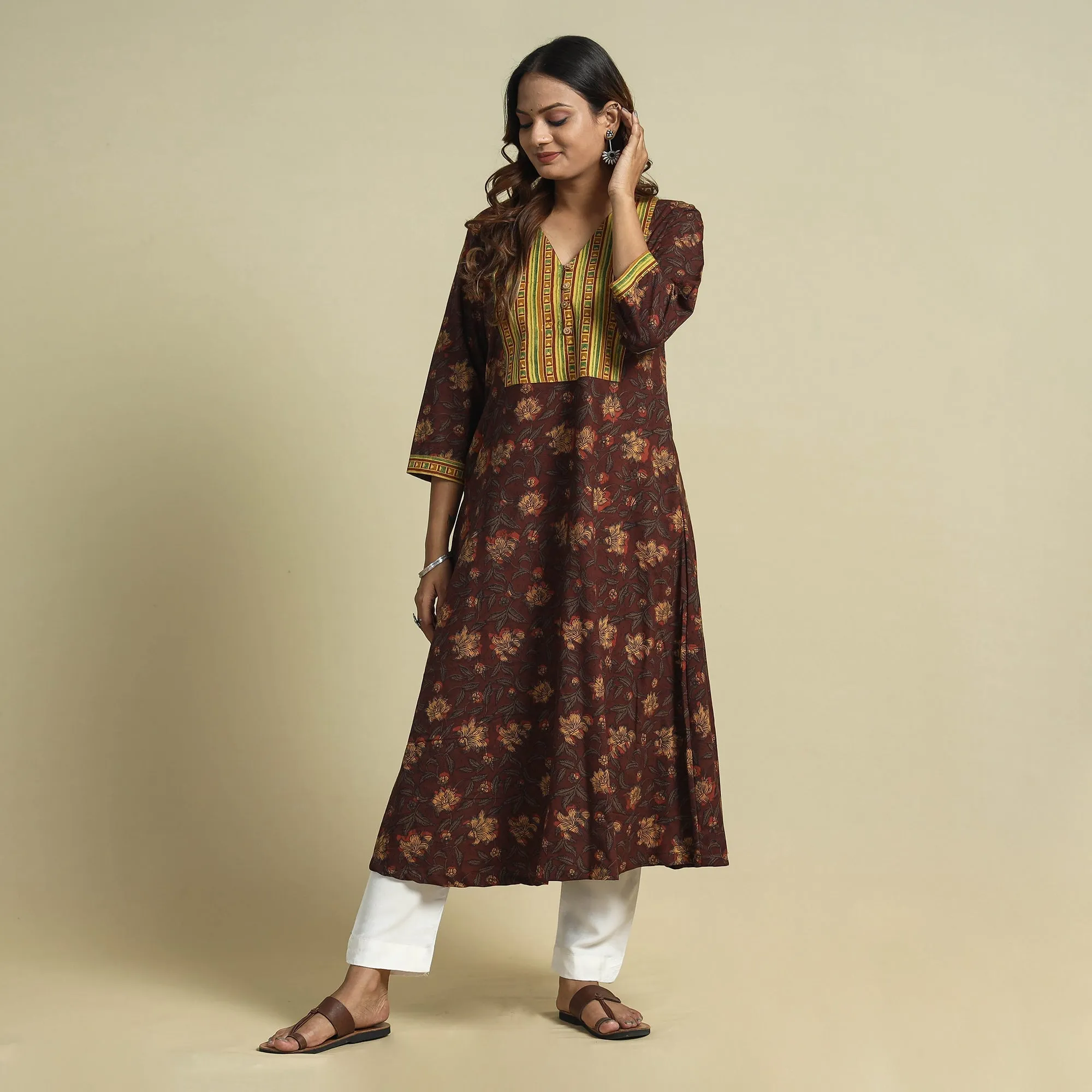 Brown - Jahota Block Printed Ajrakh Patchwork Cotton Kurta sold by Itokri product image thumbnail 3