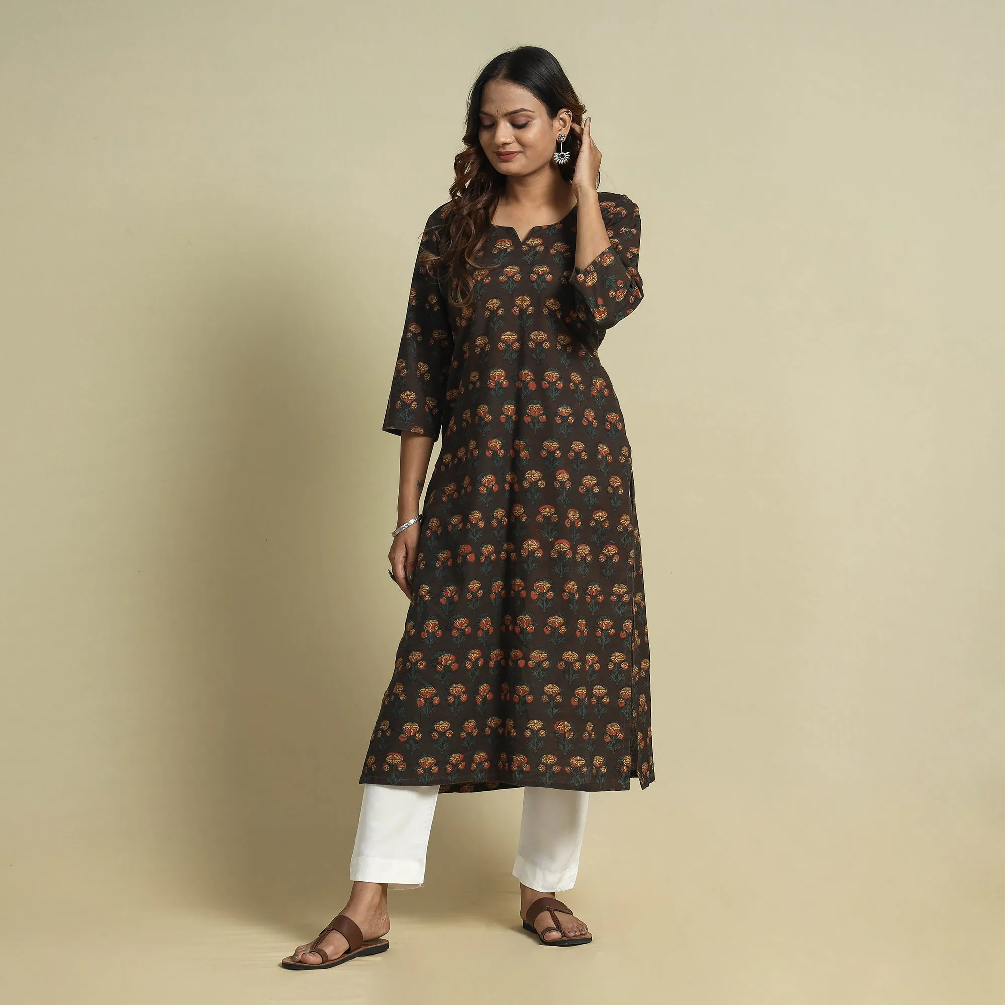 Brown - Jahota Block Printed Cotton Straight Kurta sold by Itokri product image thumbnail 3