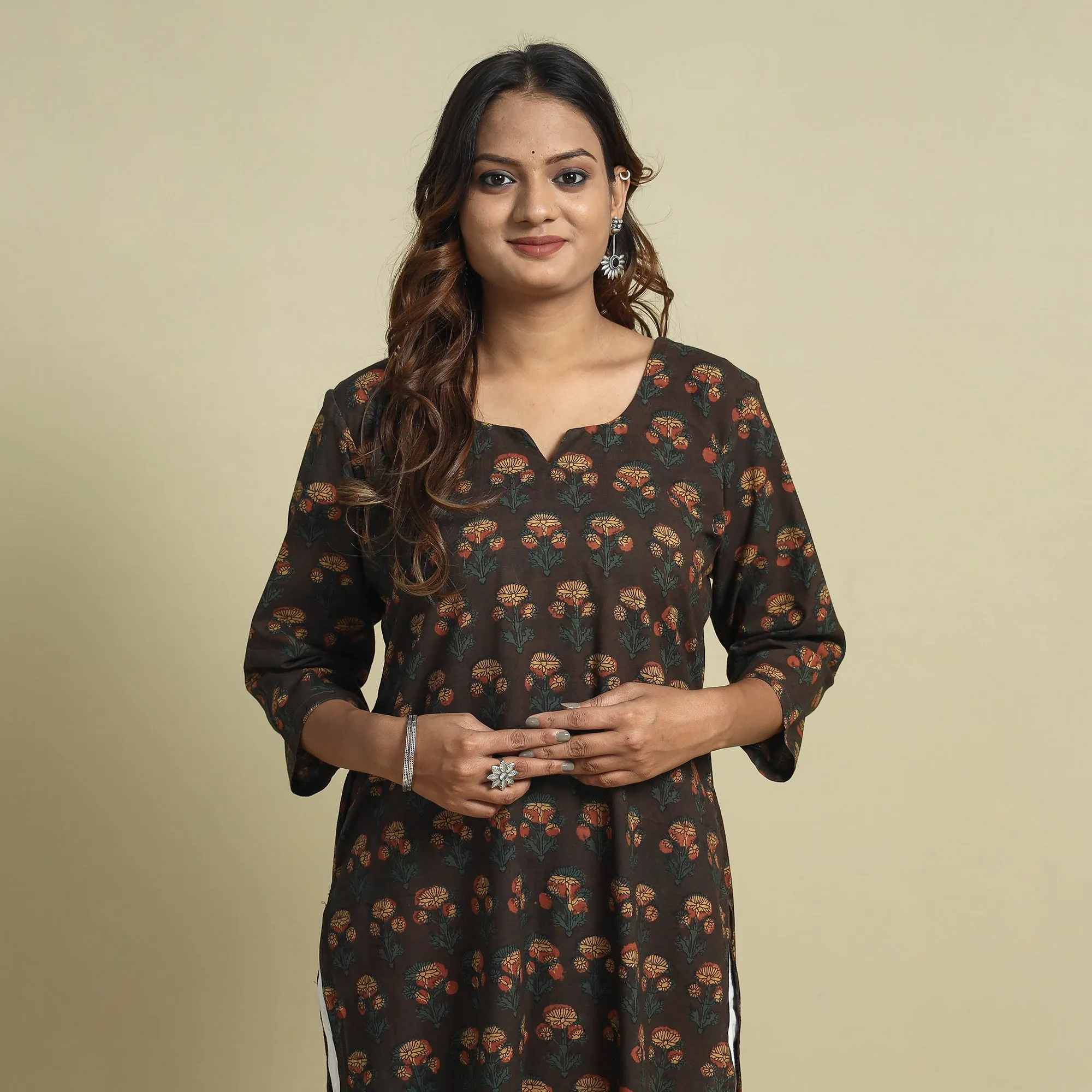 Brown - Jahota Block Printed Cotton Straight Kurta sold by Itokri