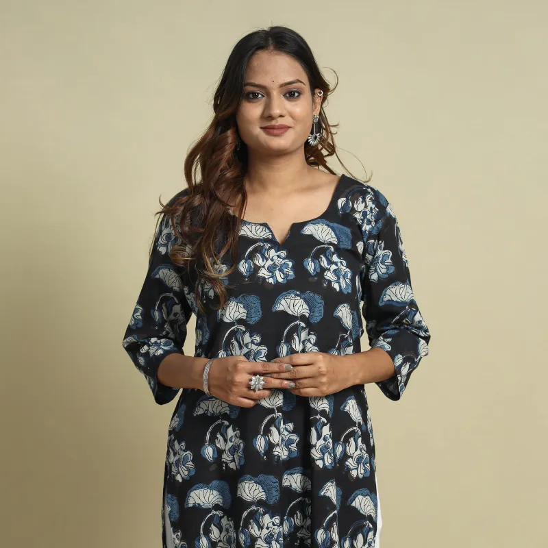 Black - Jahota Block Printed Cotton Straight Kurta sold by Itokri