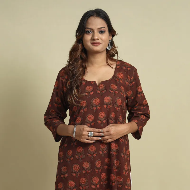Maroon - Jahota Block Printed Cotton Straight Kurta made by Itokri