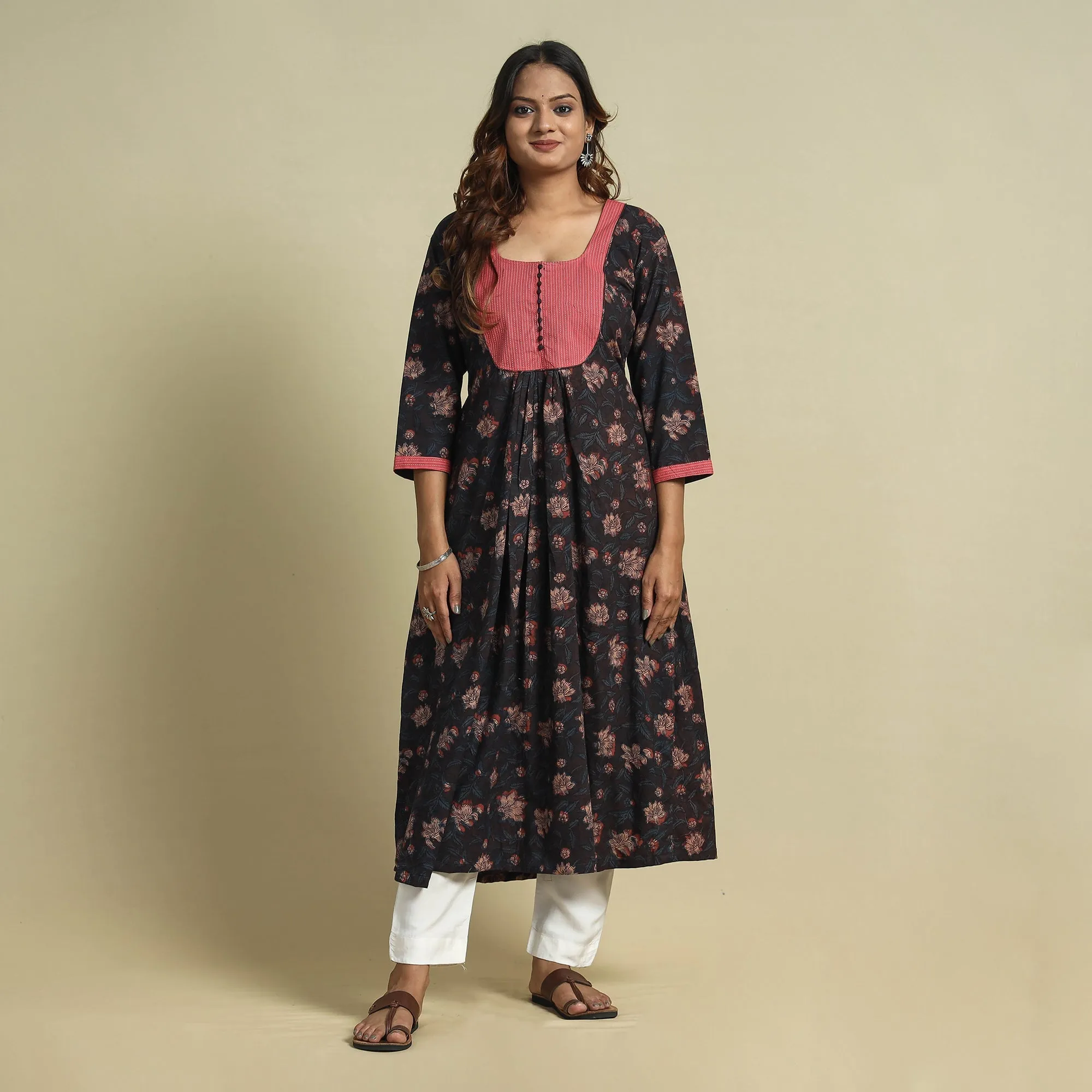 Brown - Jahota Block Printed Kantha Patchwork Cotton Kurta sold by Itokri product image thumbnail 2