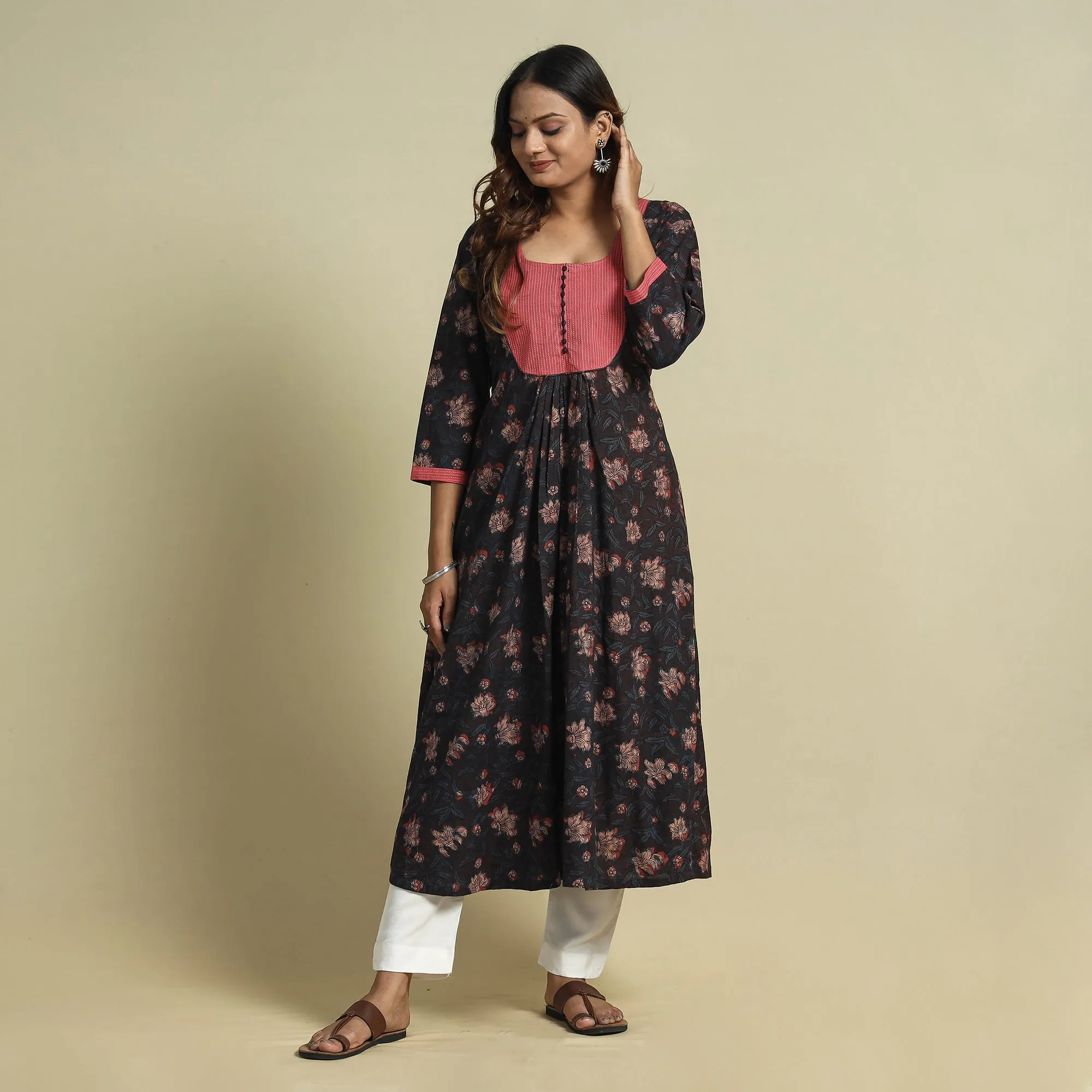Brown - Jahota Block Printed Kantha Patchwork Cotton Kurta sold by Itokri product image thumbnail 3