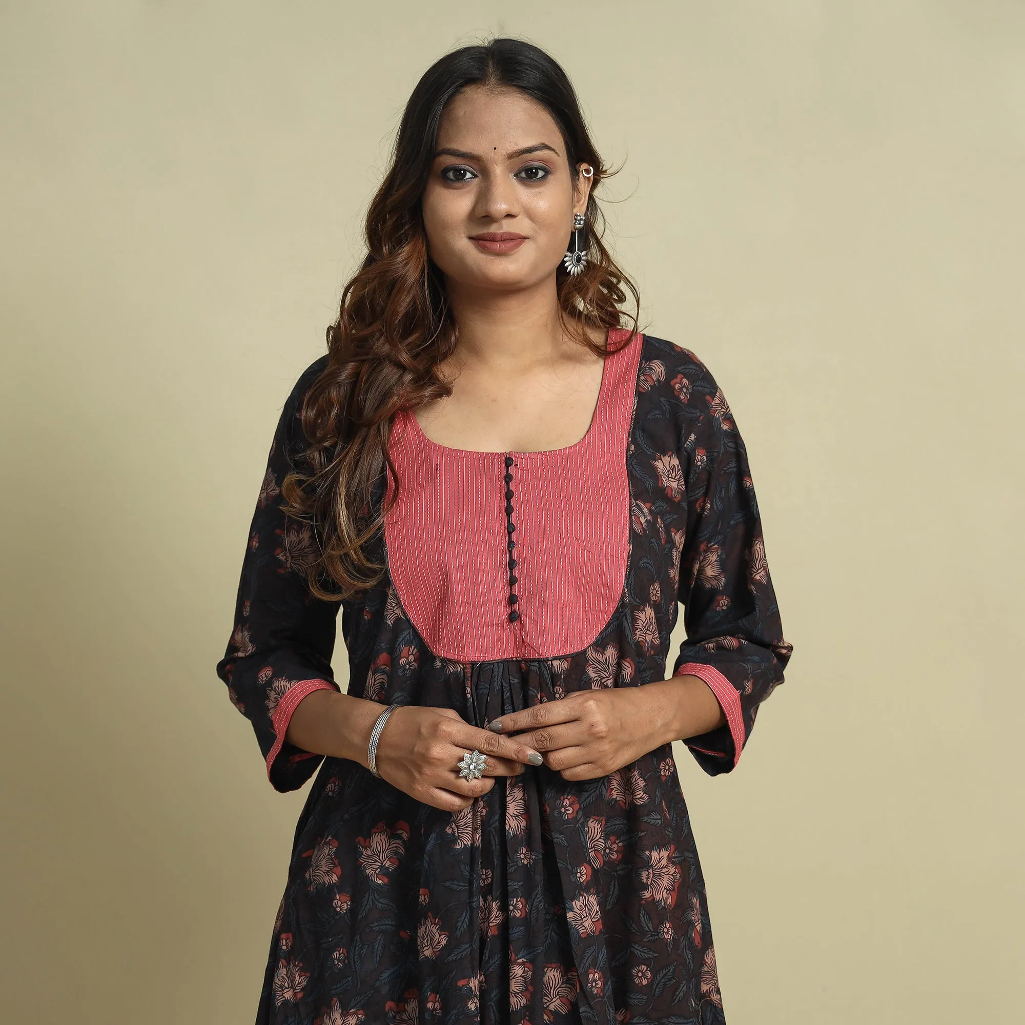 Brown - Jahota Block Printed Kantha Patchwork Cotton Kurta sold by Itokri