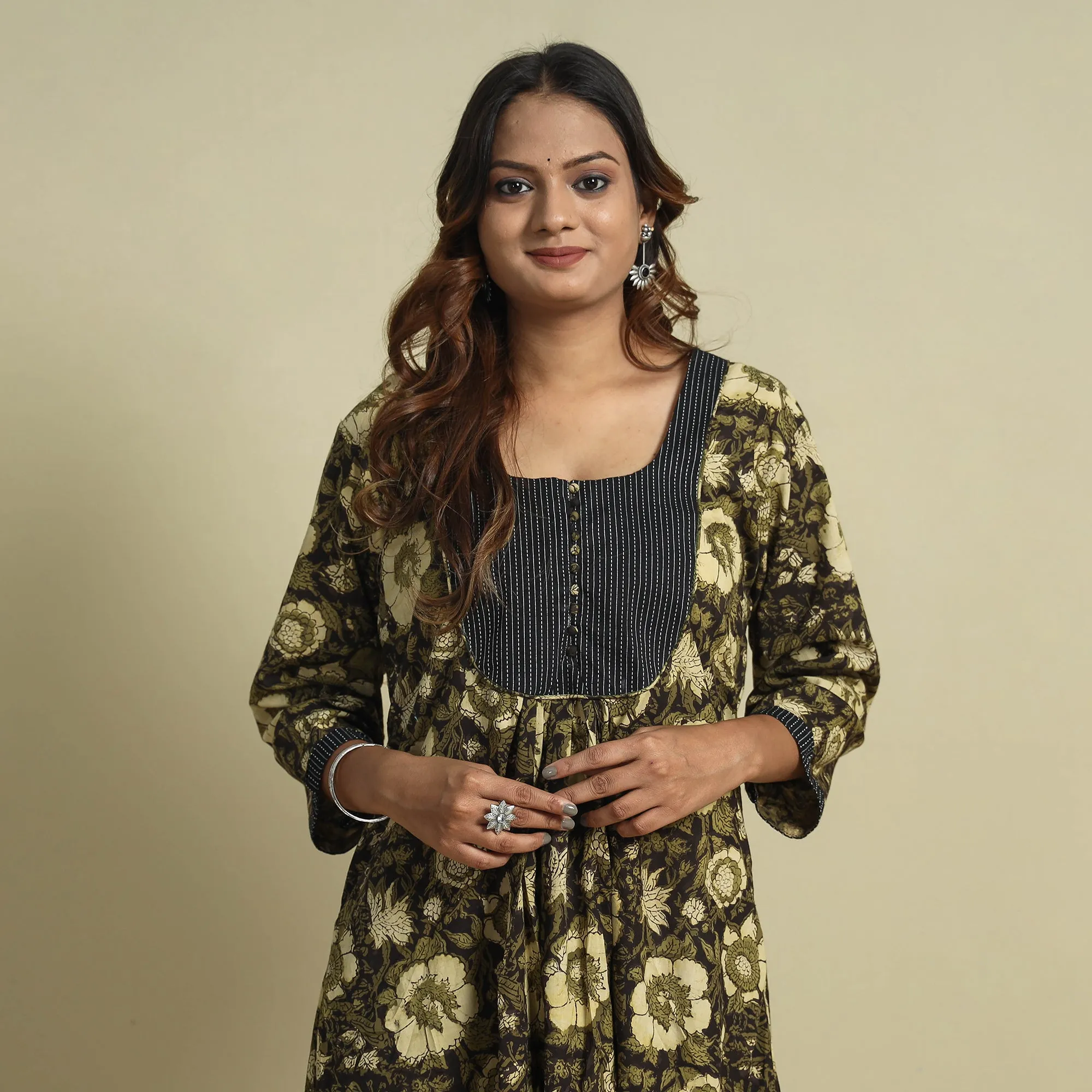 Green - Jahota Block Printed Kantha Patchwork Cotton Kurta sold by Itokri