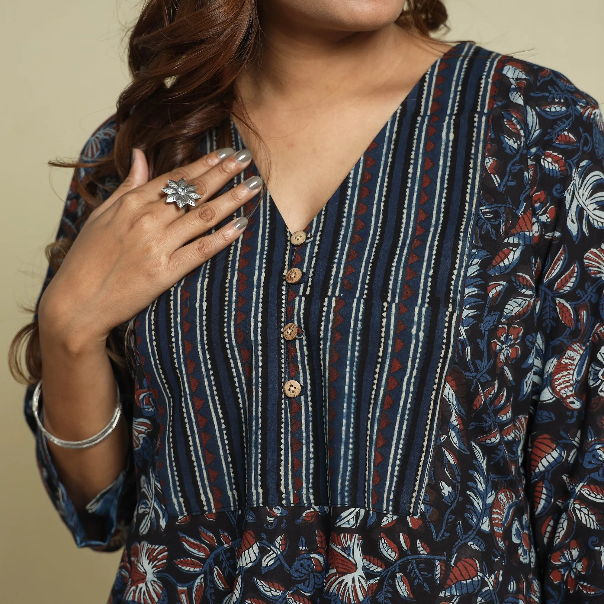 Blue - Jahota Block Printed Ajrakh Patchwork Cotton Kurta sold by Itokri product image thumbnail 4