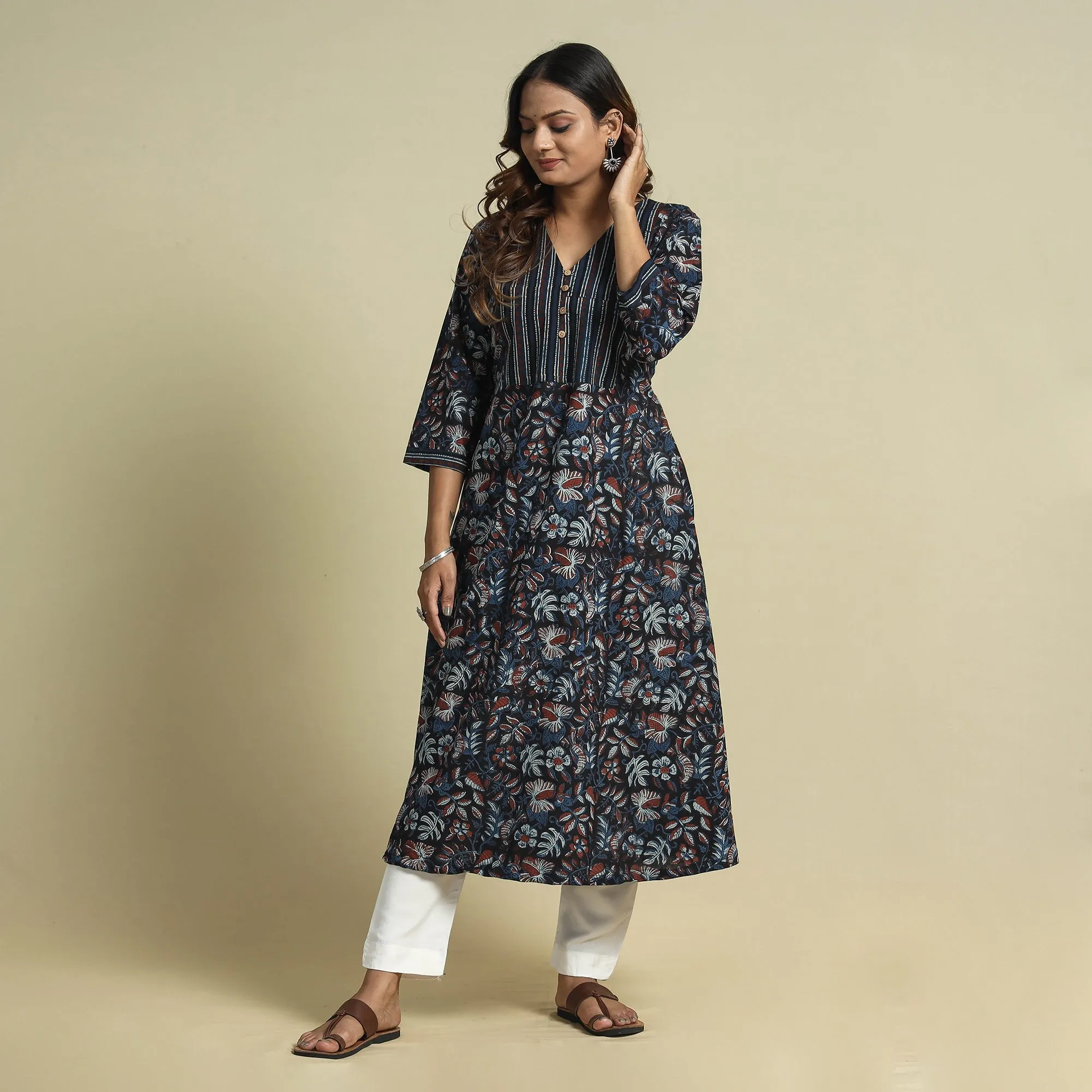 Blue - Jahota Block Printed Ajrakh Patchwork Cotton Kurta sold by Itokri product image thumbnail 3