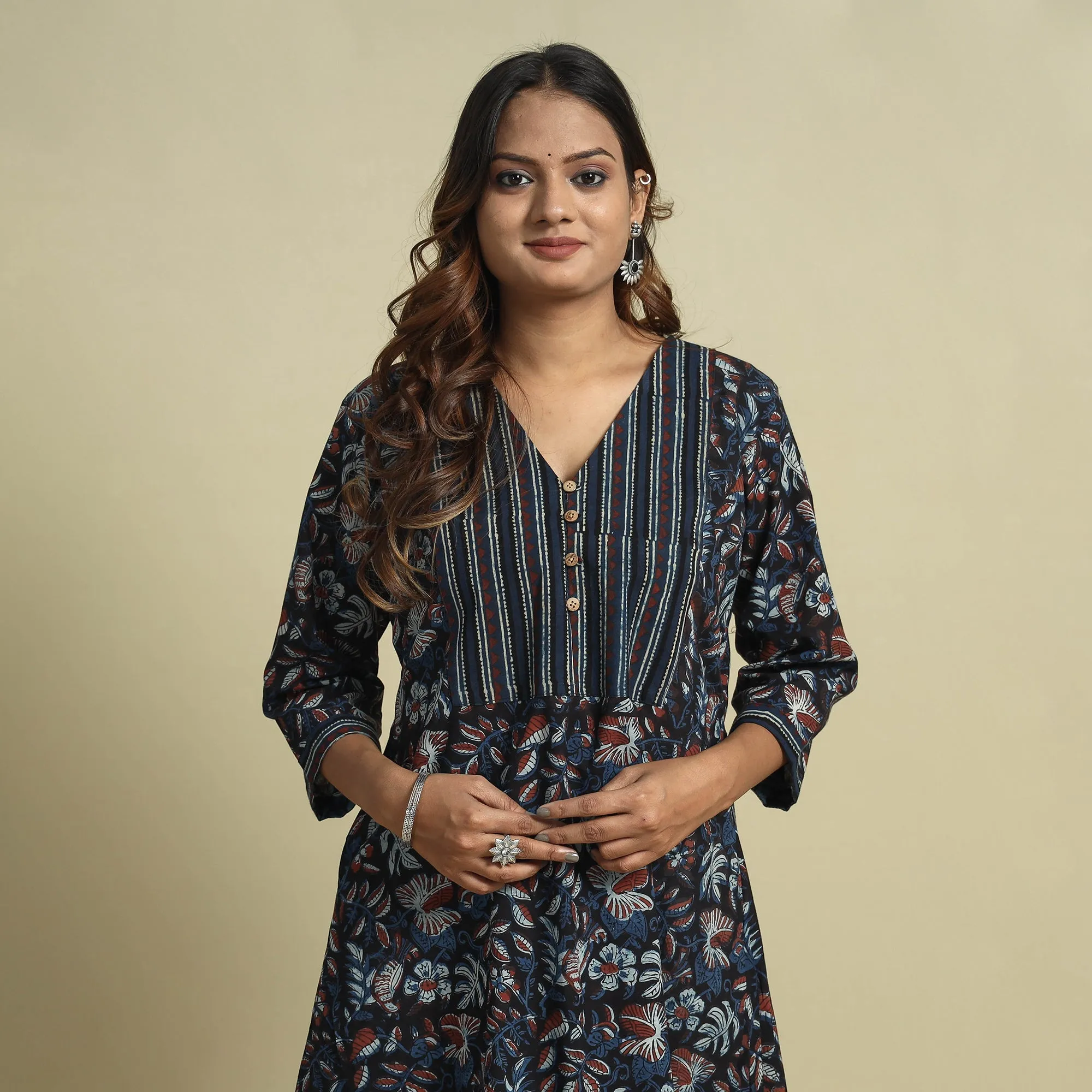 Blue - Jahota Block Printed Ajrakh Patchwork Cotton Kurta sold by Itokri