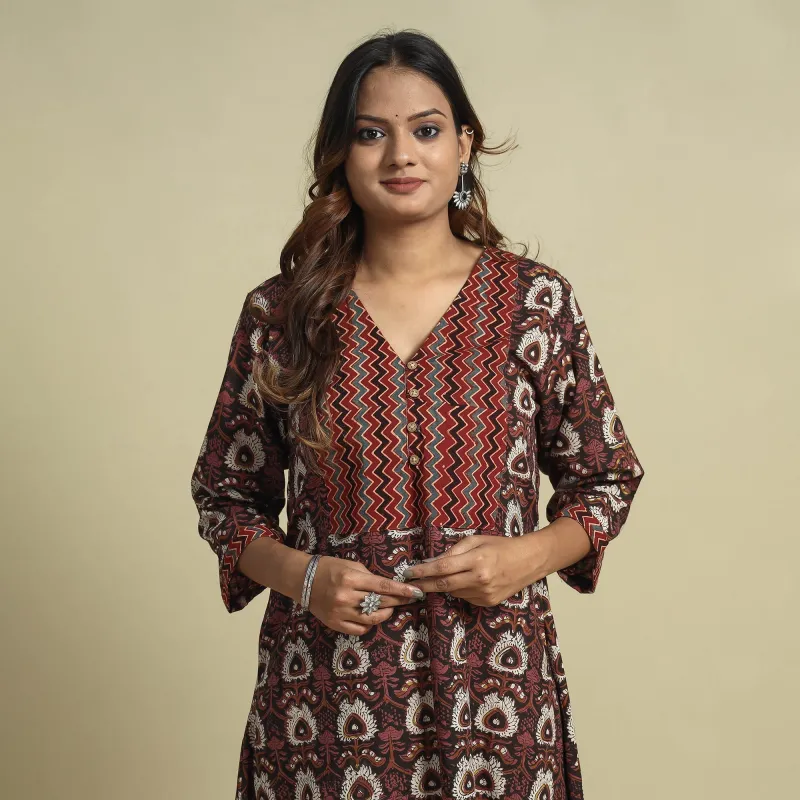 Maroon - Jahota Block Printed Ajrakh Patchwork Cotton Kurta sold by Itokri