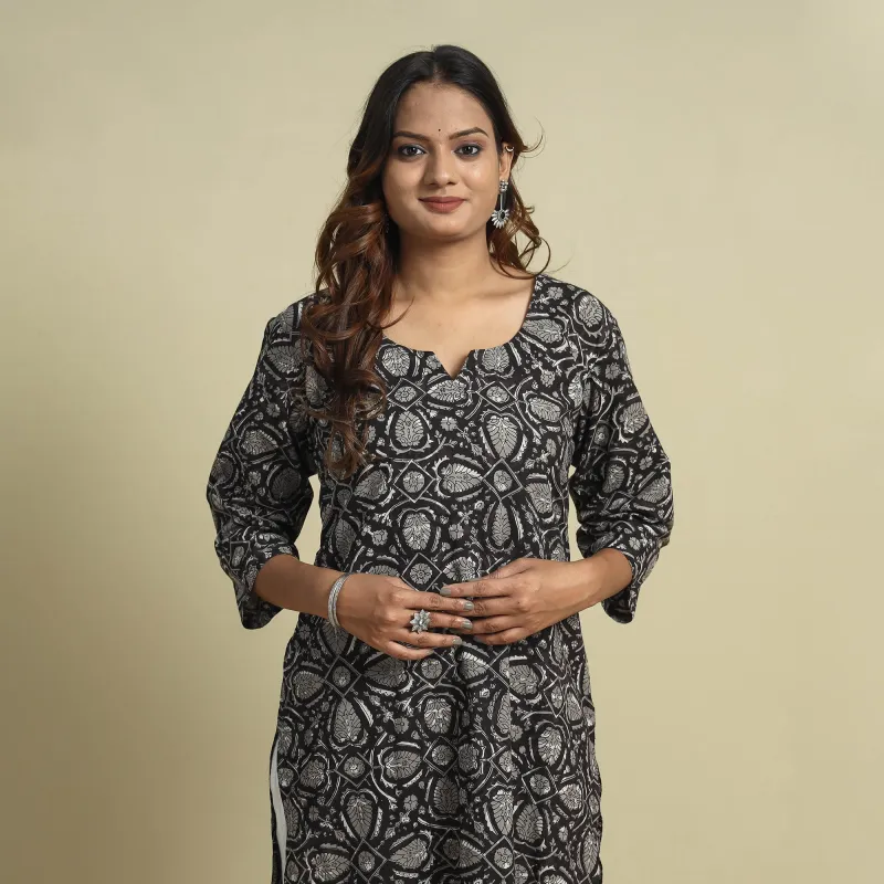 Black - Jahota Block Printed Cotton Straight Kurta sold by Itokri