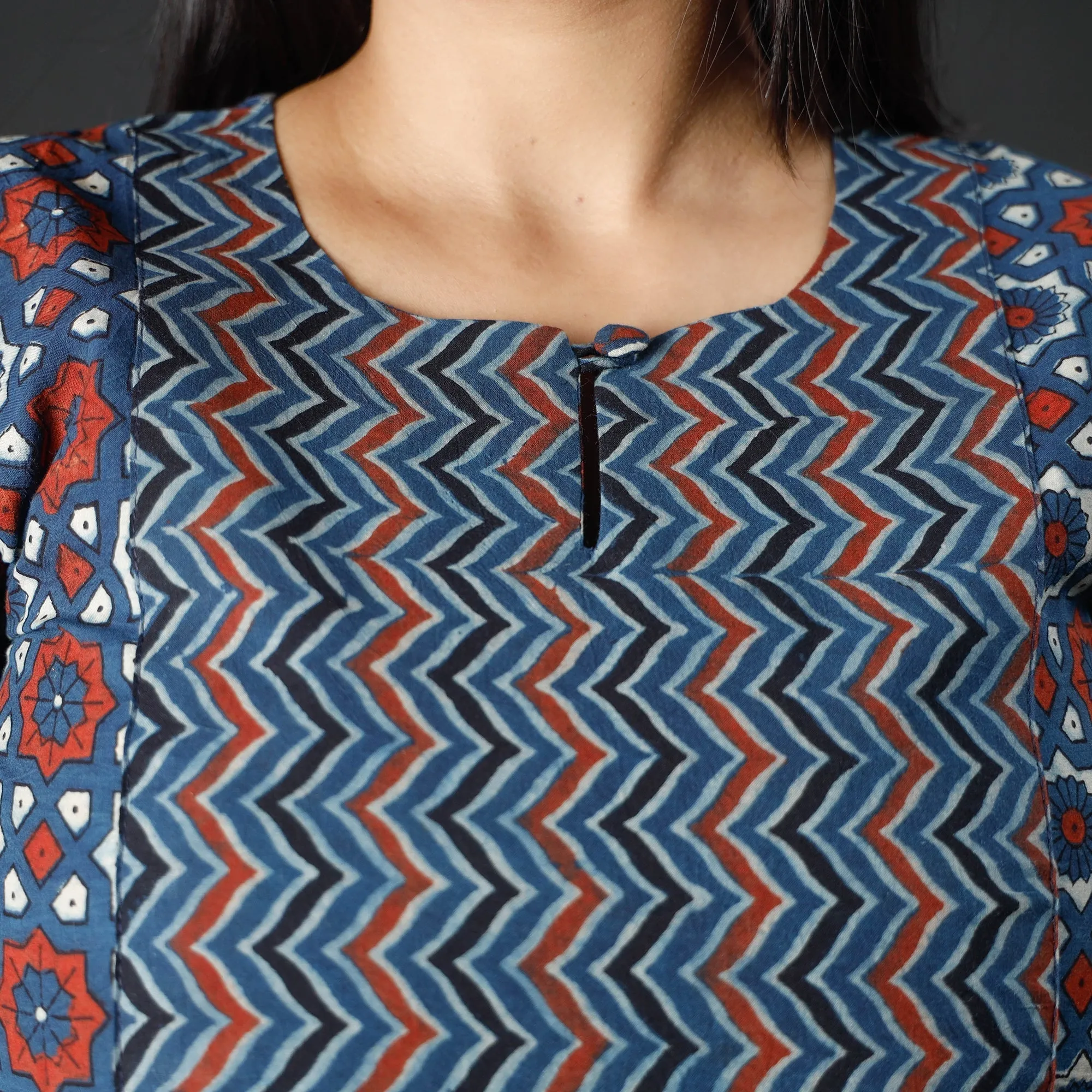 Blue - Indigo Red Ajrakh Block Printing Cotton Long Kurta sold by Itokri product image thumbnail 4