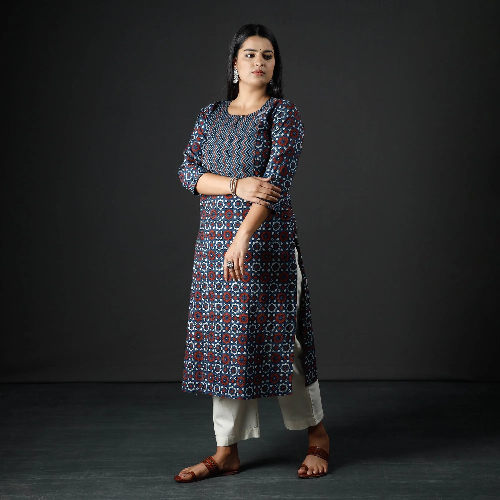 Blue - Indigo Red Ajrakh Block Printing Cotton Long Kurta sold by Itokri product image thumbnail 3