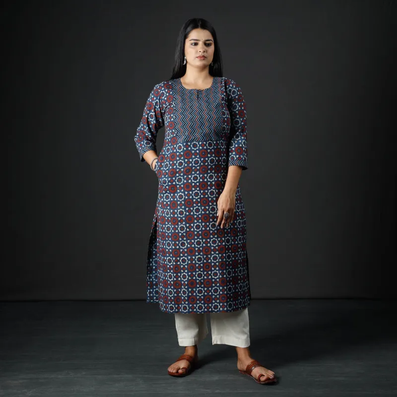 Blue - Indigo Red Ajrakh Block Printing Cotton Long Kurta sold by Itokri