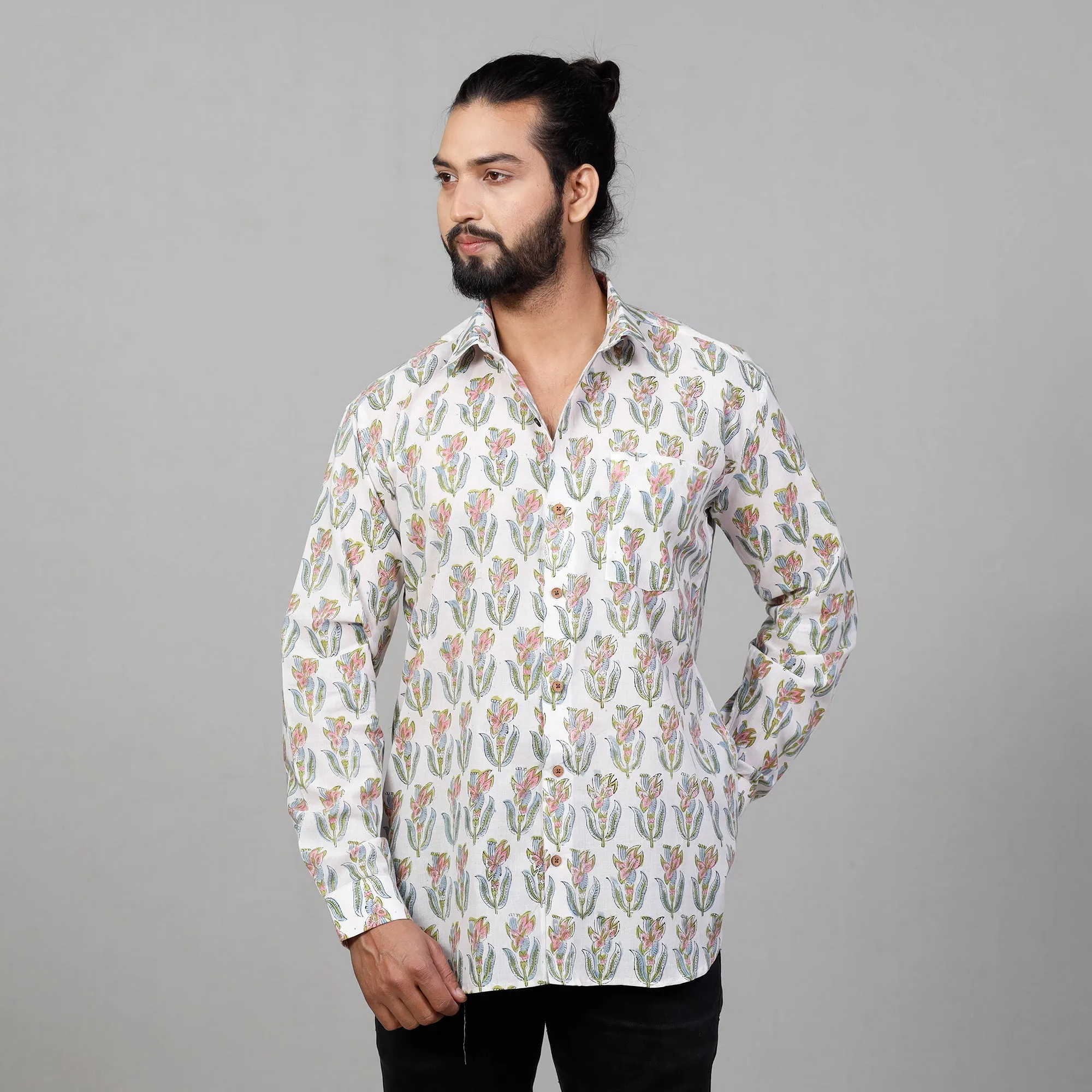 White - Sanganeri Block Printing Cotton Men Full Sleeve Shirt sold by Itokri product image thumbnail 3