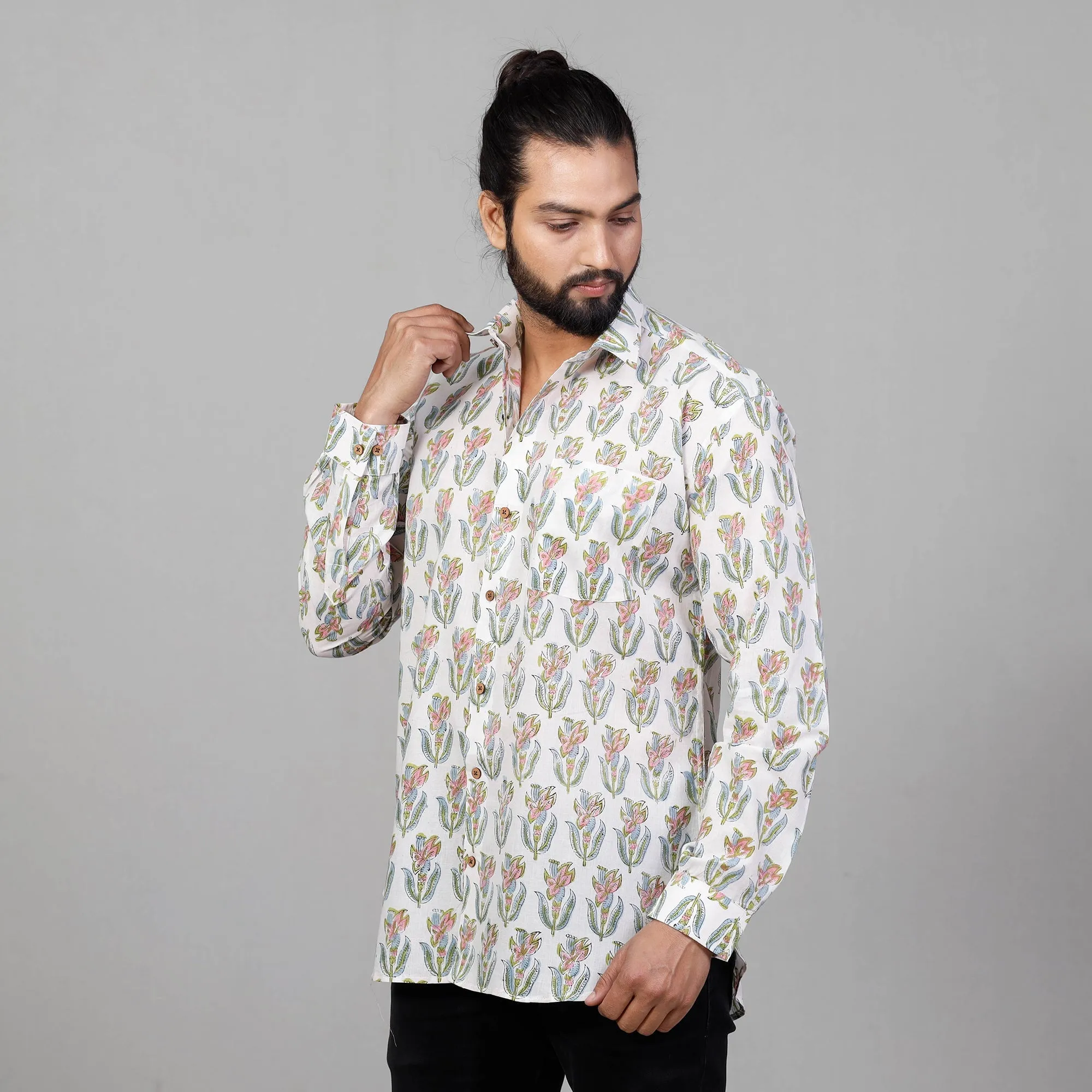 White - Sanganeri Block Printing Cotton Men Full Sleeve Shirt sold by Itokri product image thumbnail 4