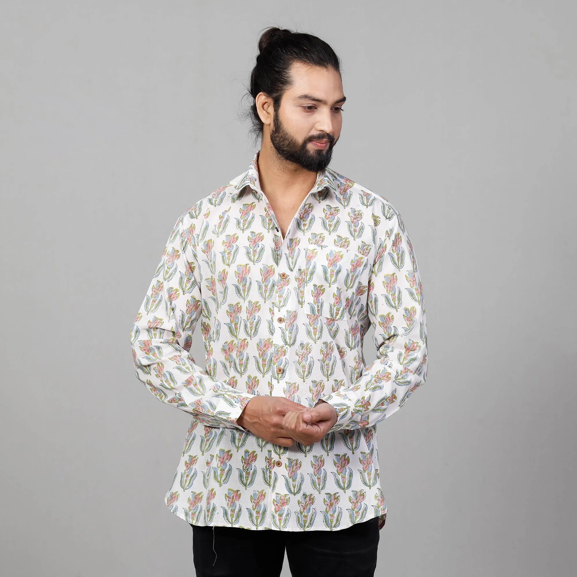 White - Sanganeri Block Printing Cotton Men Full Sleeve Shirt sold by Itokri product image thumbnail 2