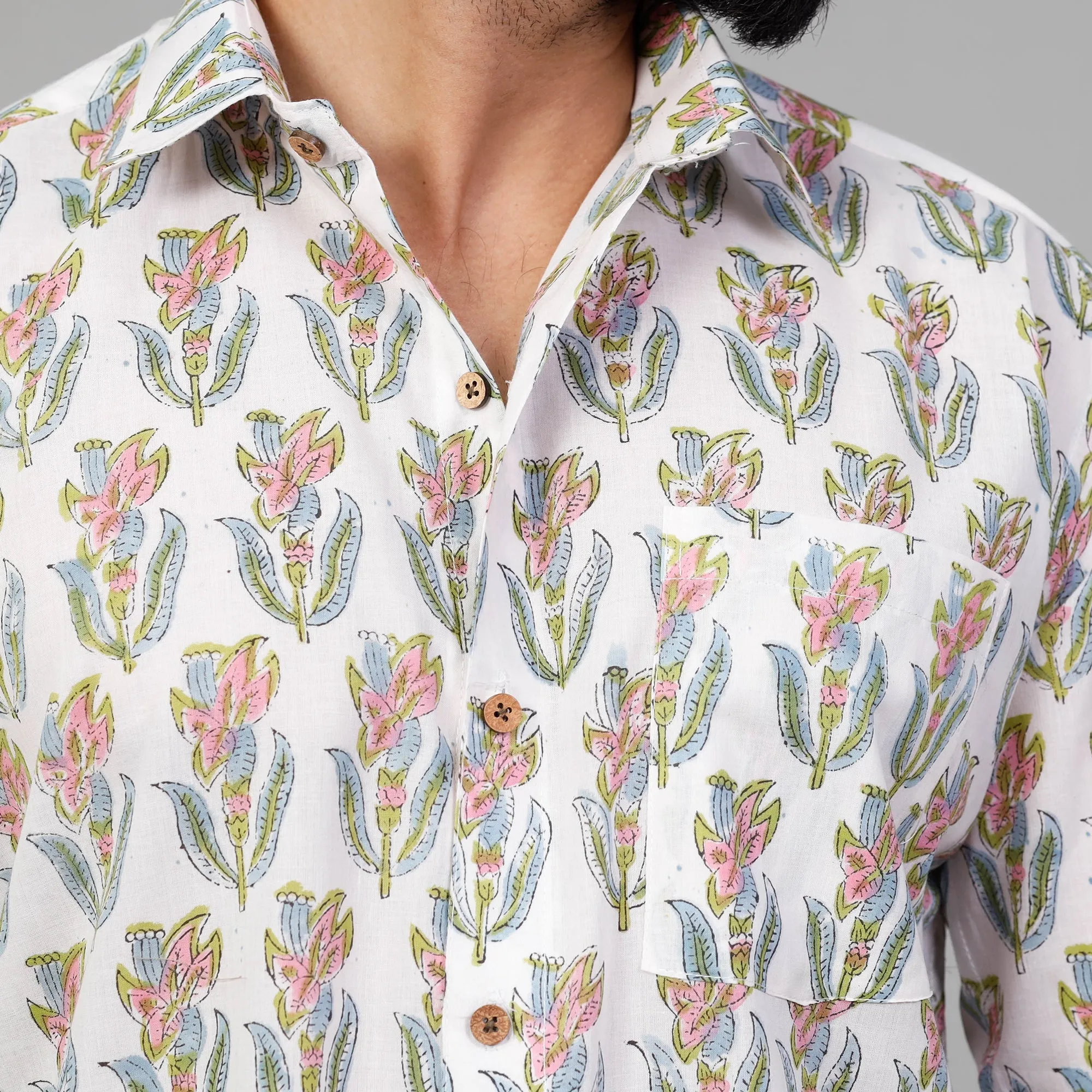 White - Sanganeri Block Printing Cotton Men Full Sleeve Shirt sold by Itokri product image thumbnail 5