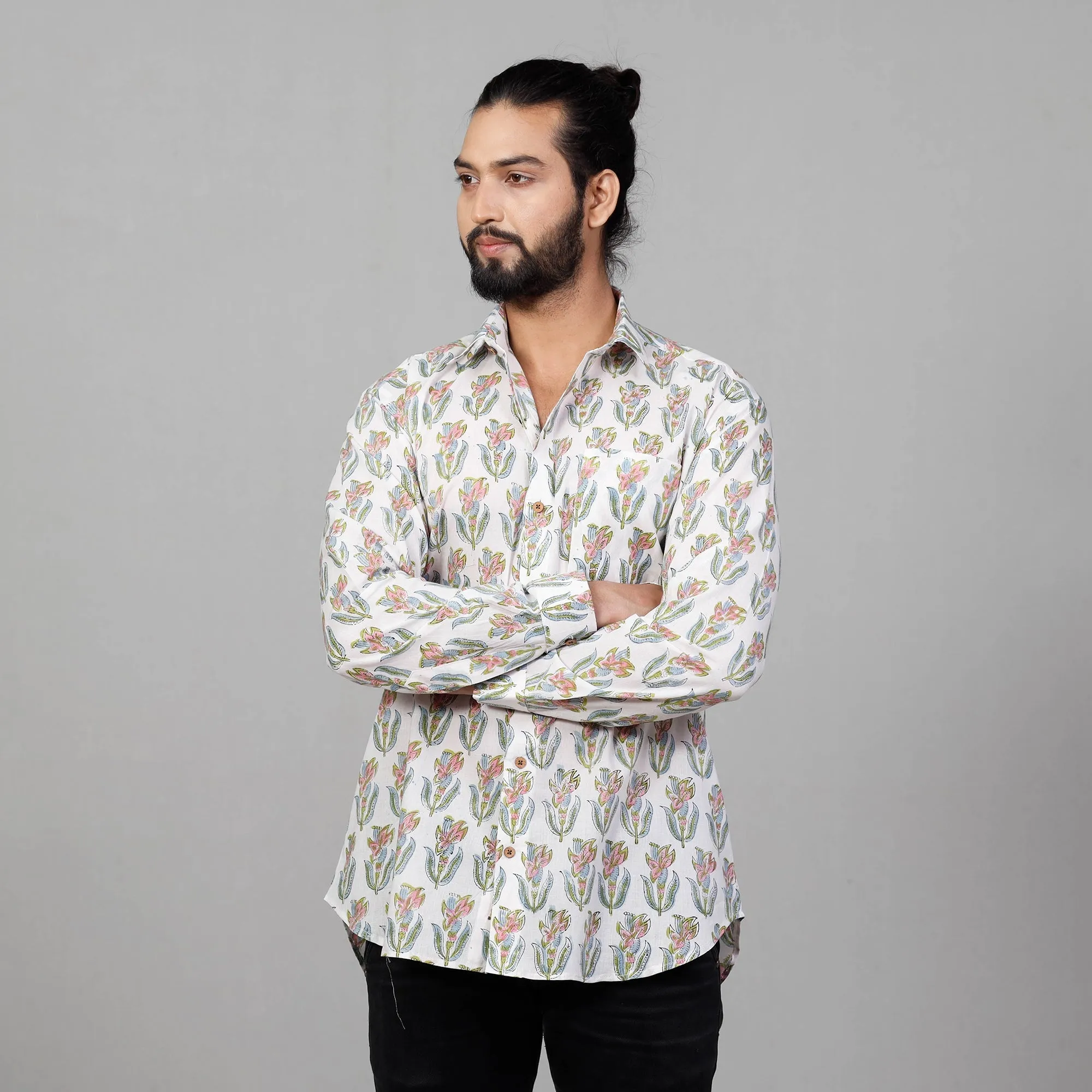 White - Sanganeri Block Printing Cotton Men Full Sleeve Shirt sold by Itokri