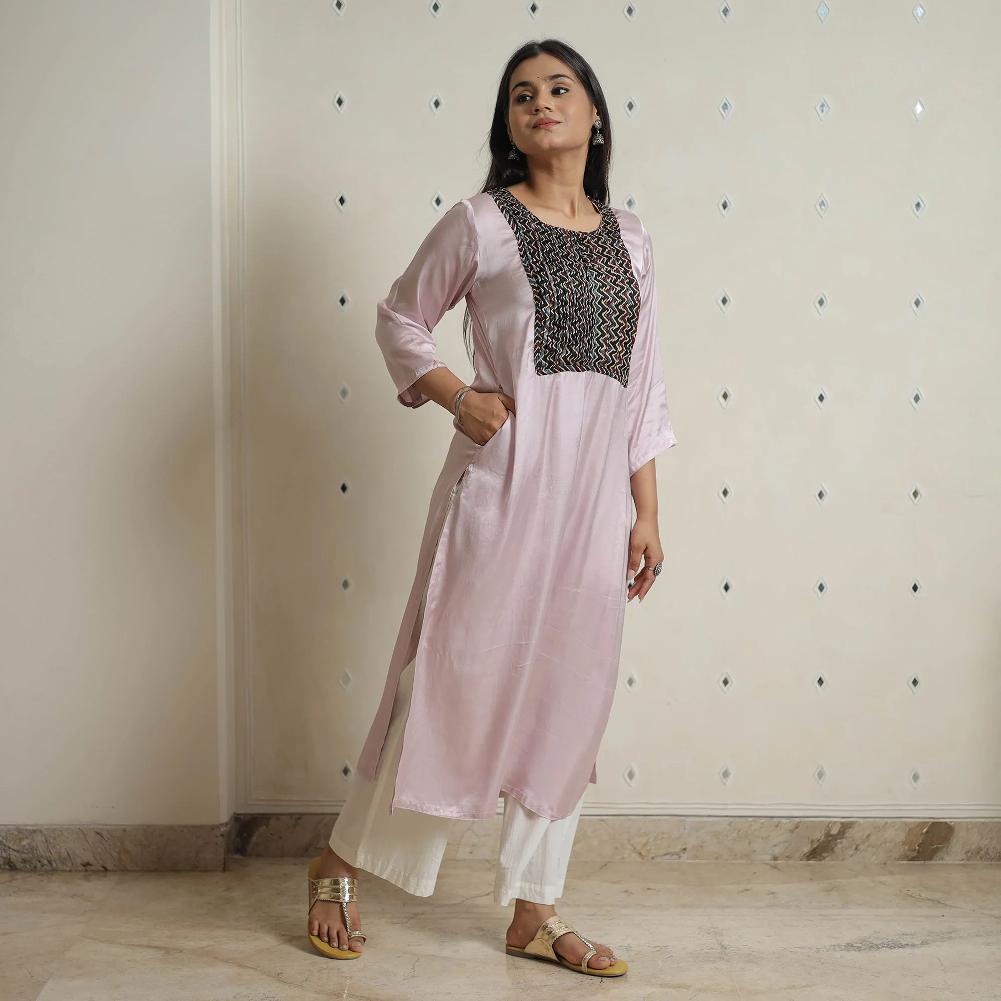 Pink - Plain Modal Silk Straight Kurta with Ajrakh Pintuck Patchwork 01 sold by Itokri product image thumbnail 3