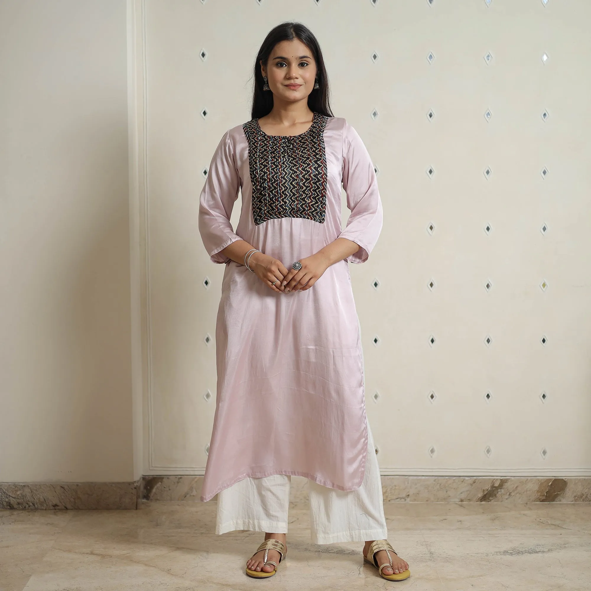 Pink - Plain Modal Silk Straight Kurta with Ajrakh Pintuck Patchwork 01 sold by Itokri product image thumbnail 2