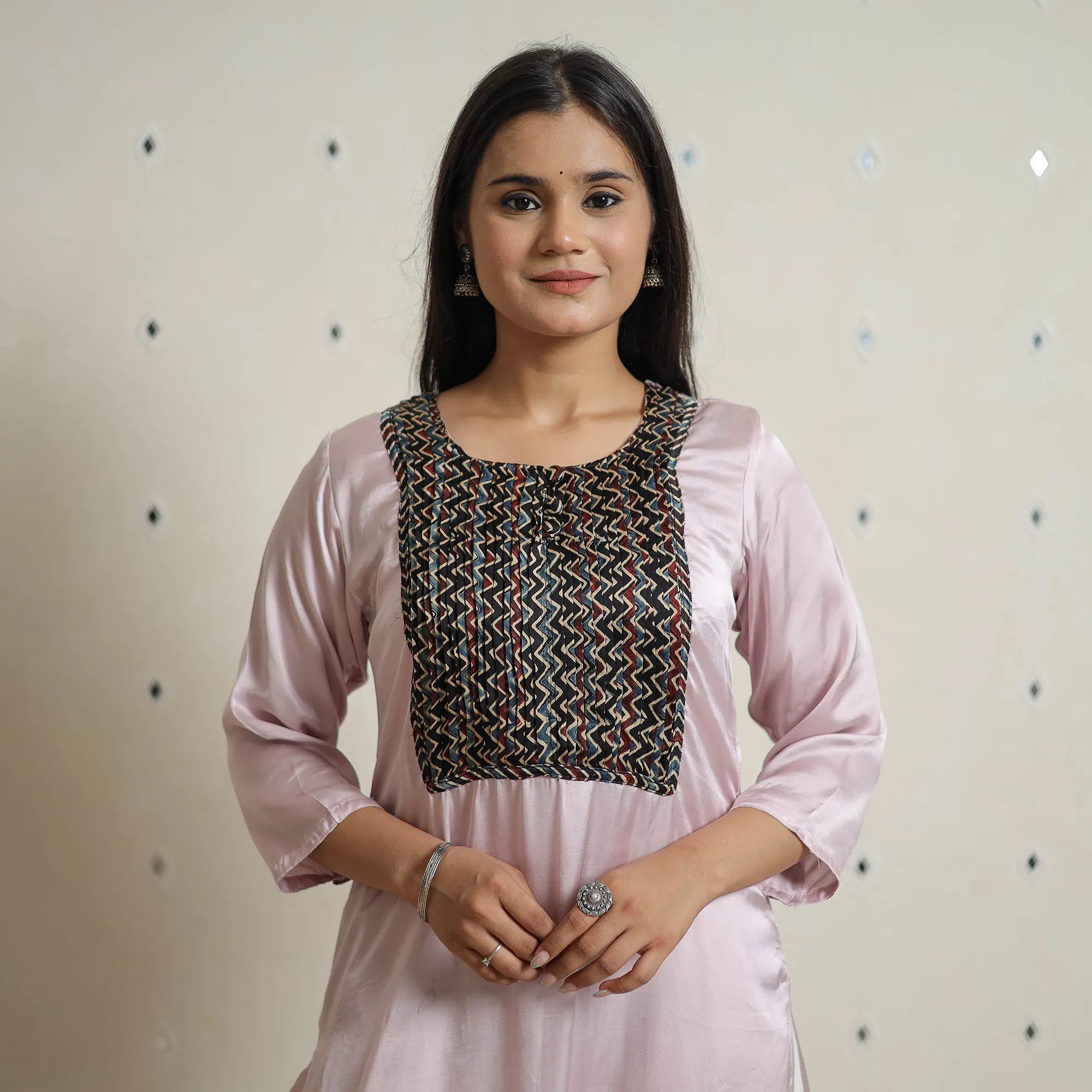 Pink - Plain Modal Silk Straight Kurta with Ajrakh Pintuck Patchwork 01 sold by Itokri
