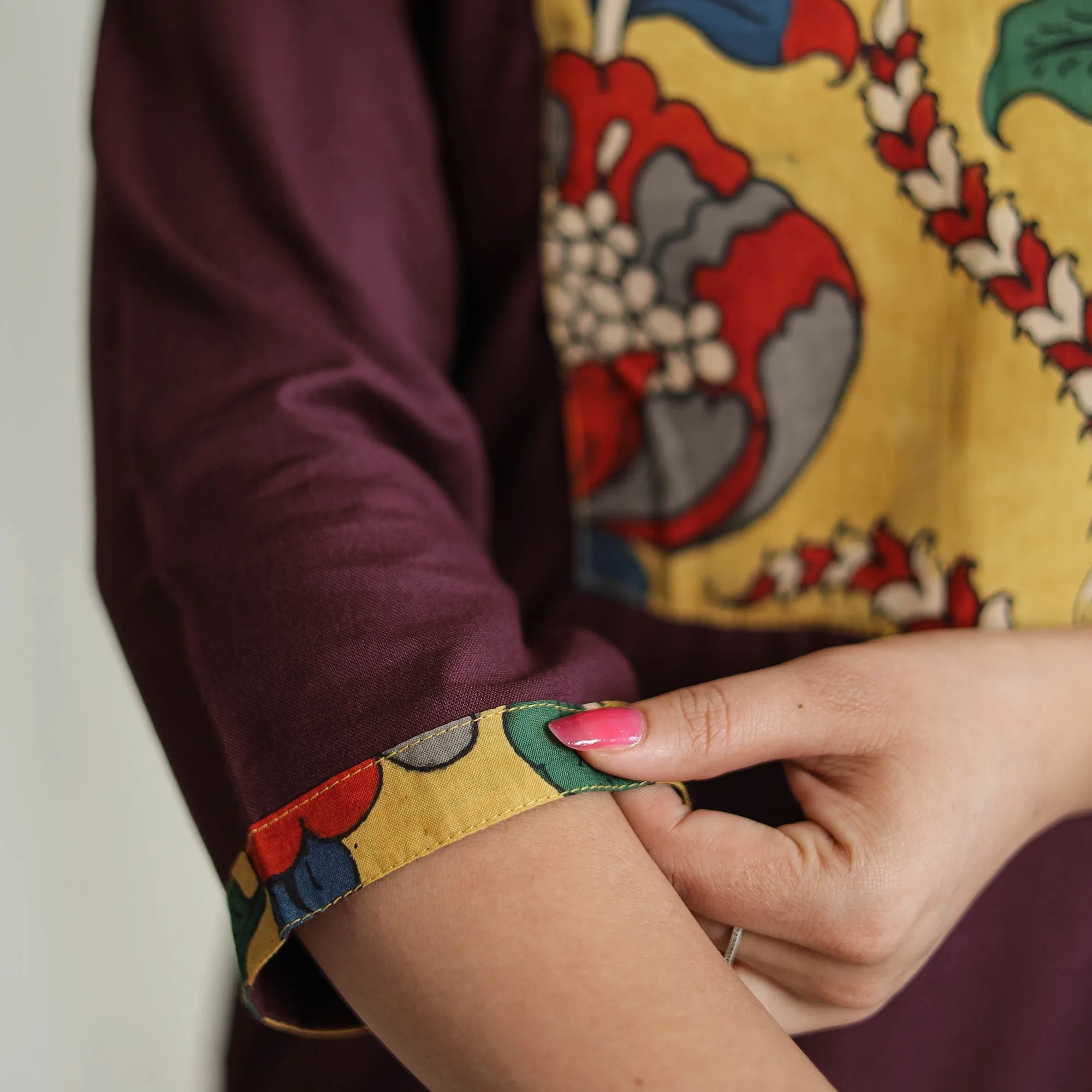 Dark Brown - Srikalahasti Kalamkari Patchwork Plain Linen Cotton Long Straight Kurta 24 sold by Itokri product image thumbnail 5