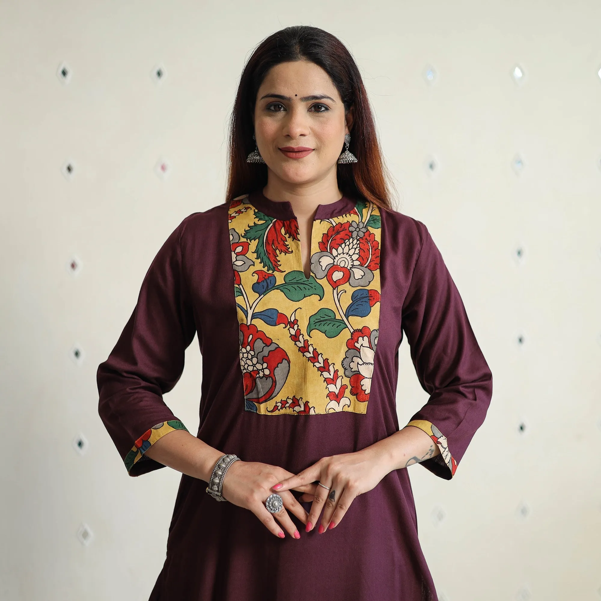 Dark Brown - Srikalahasti Kalamkari Patchwork Plain Linen Cotton Long Straight Kurta 24 sold by Itokri product image thumbnail 4