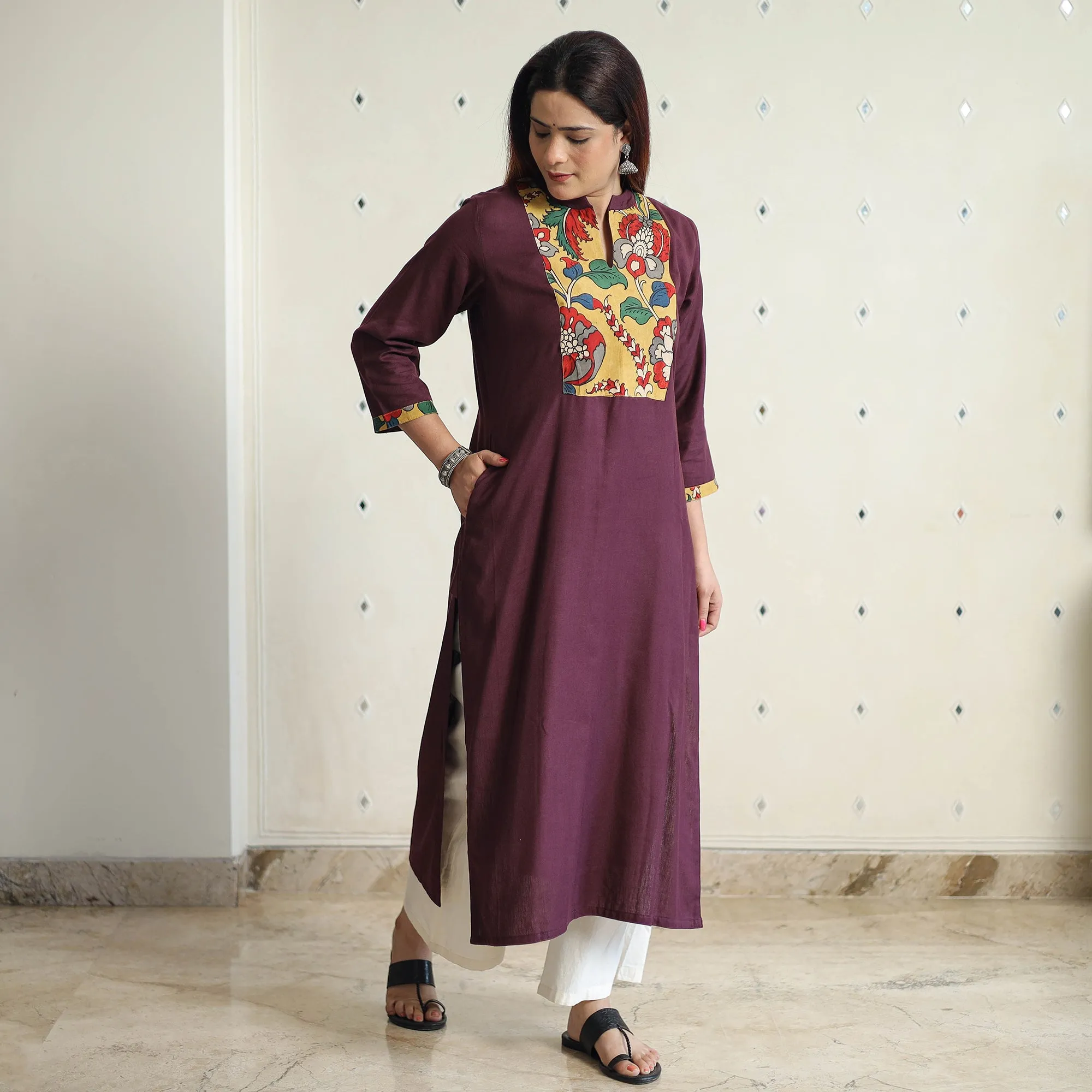 Dark Brown - Srikalahasti Kalamkari Patchwork Plain Linen Cotton Long Straight Kurta 24 sold by Itokri product image thumbnail 3