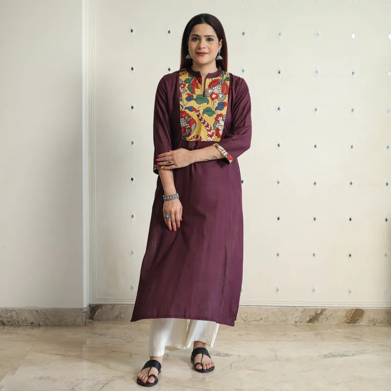 Dark Brown - Srikalahasti Kalamkari Patchwork Plain Linen Cotton Long Straight Kurta 24 made by Itokri