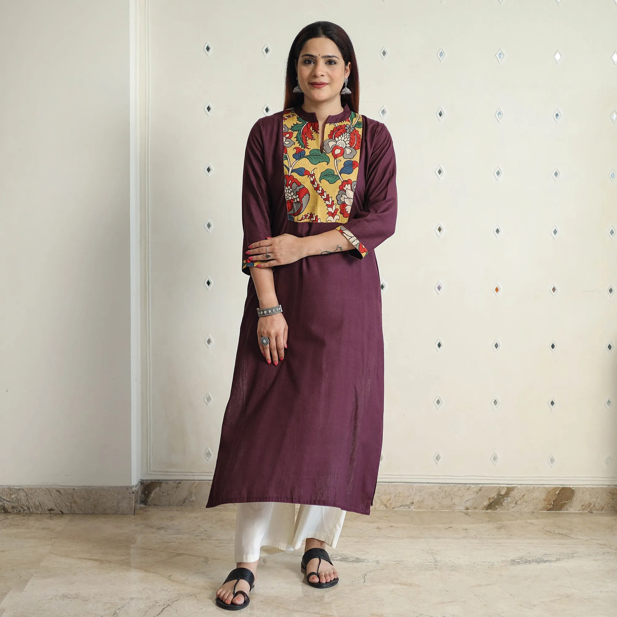 Dark Brown - Srikalahasti Kalamkari Patchwork Plain Linen Cotton Long Straight Kurta 24 sold by Itokri