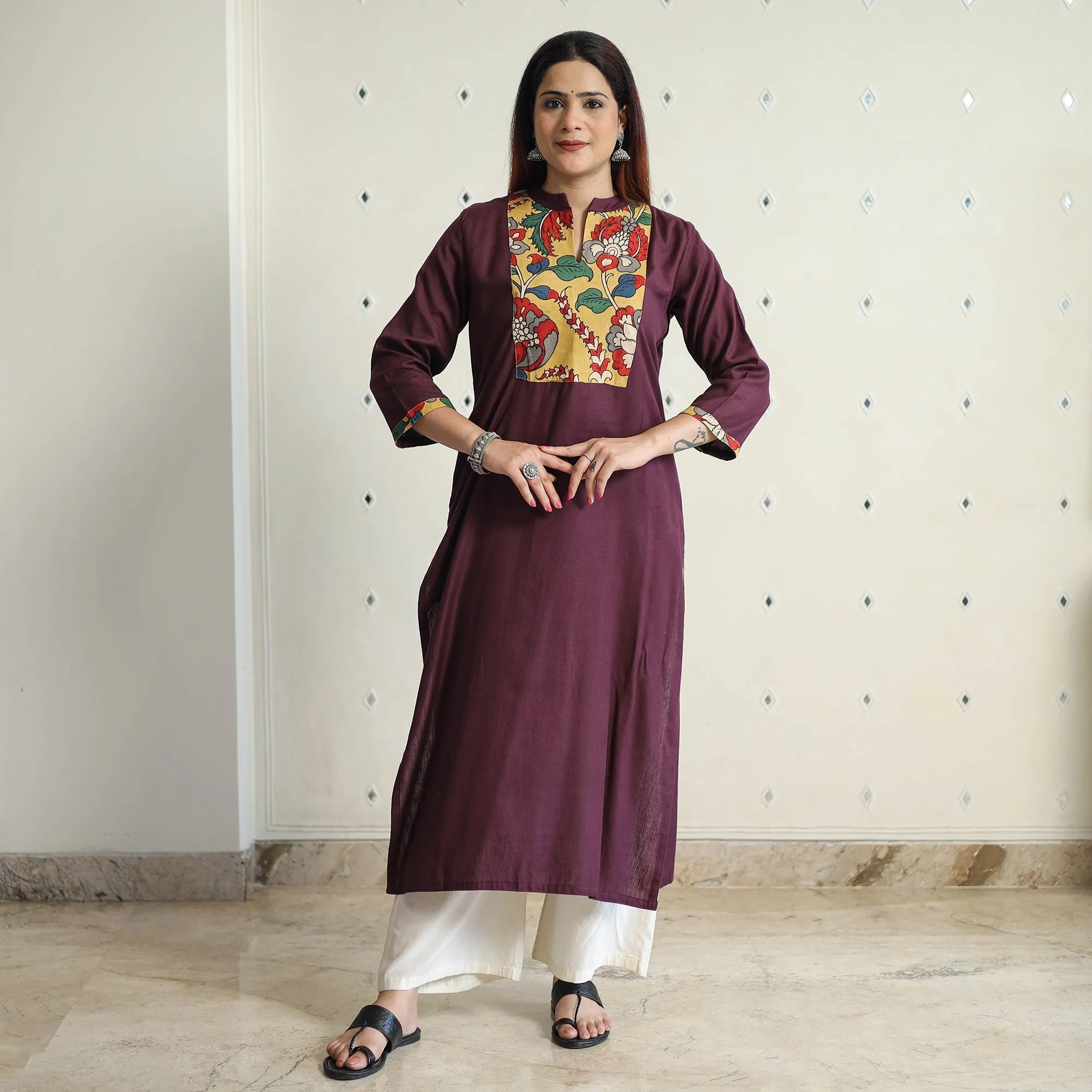 Dark Brown - Srikalahasti Kalamkari Patchwork Plain Linen Cotton Long Straight Kurta 24 sold by Itokri product image thumbnail 2