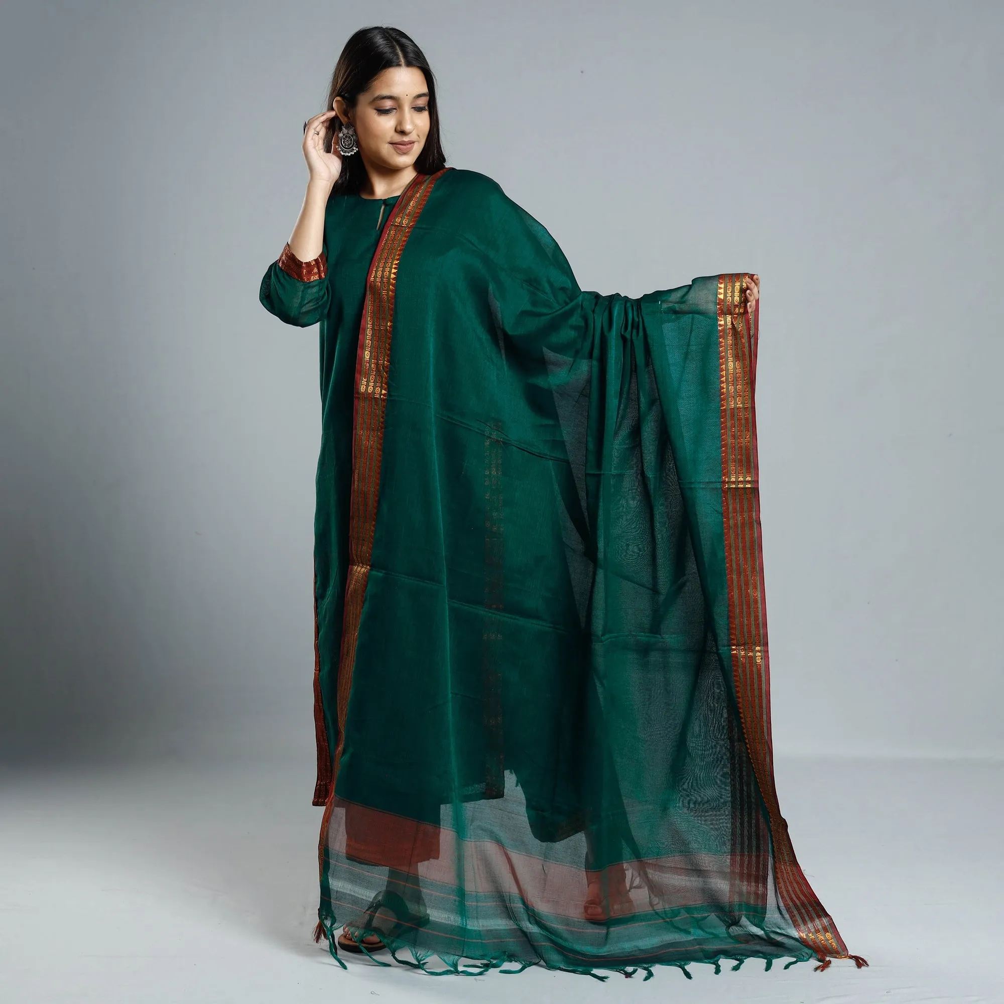 Dark Green - Dharwad Cotton Kurta with Palazzo & Dupatta Set sold by Itokri