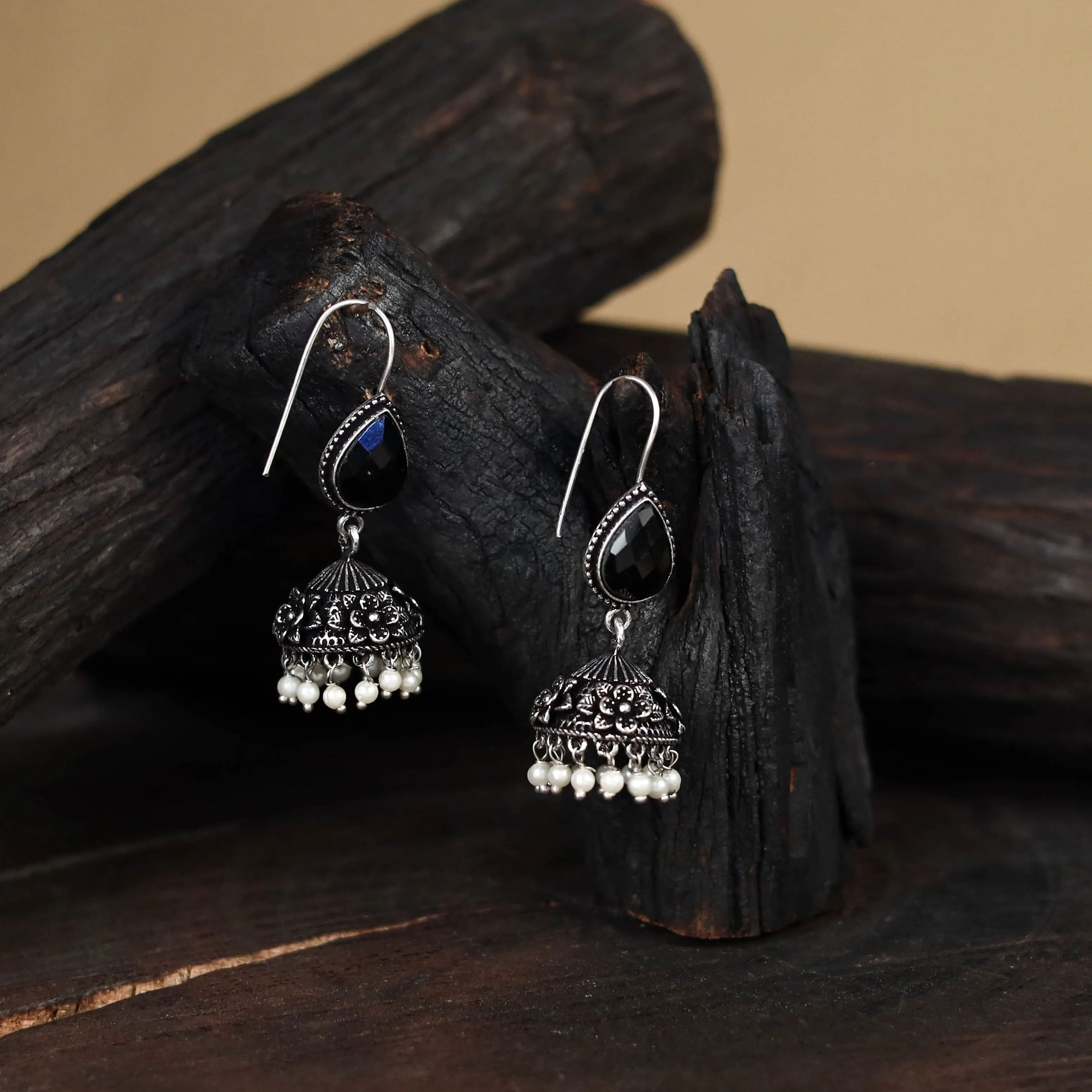 Blue - Antique Silver Finish Oxidised Stone Work Jhumka Earrings 178 sold by Itokri product image thumbnail 2