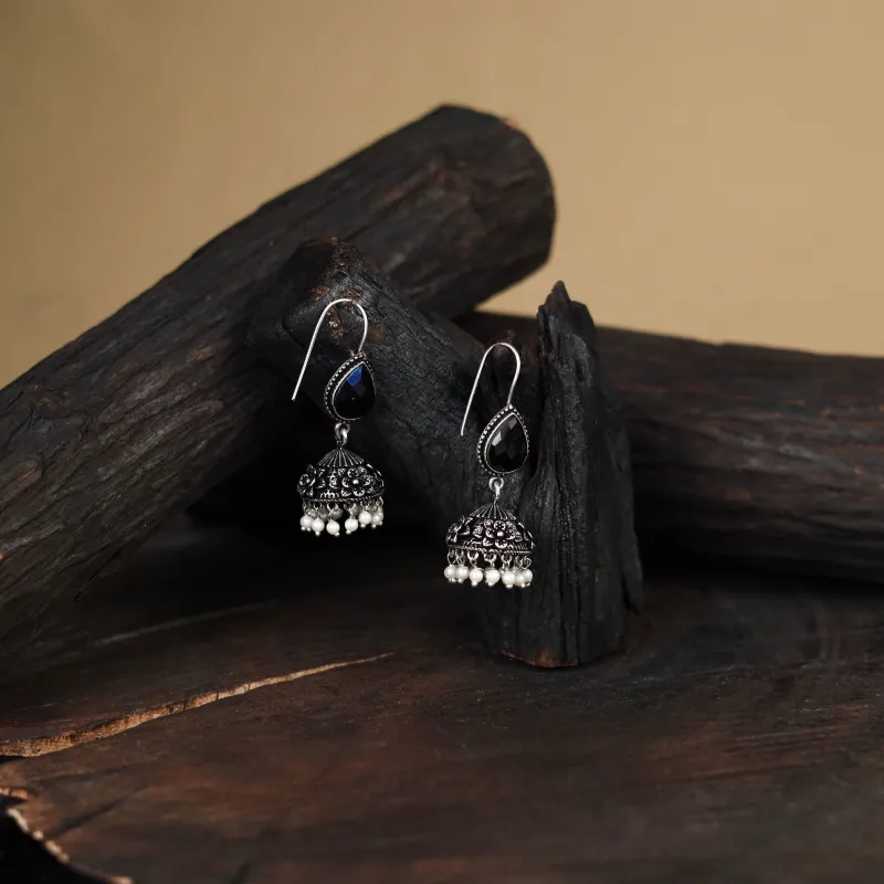 Blue - Antique Silver Finish Oxidised Stone Work Jhumka Earrings 178 made by Itokri