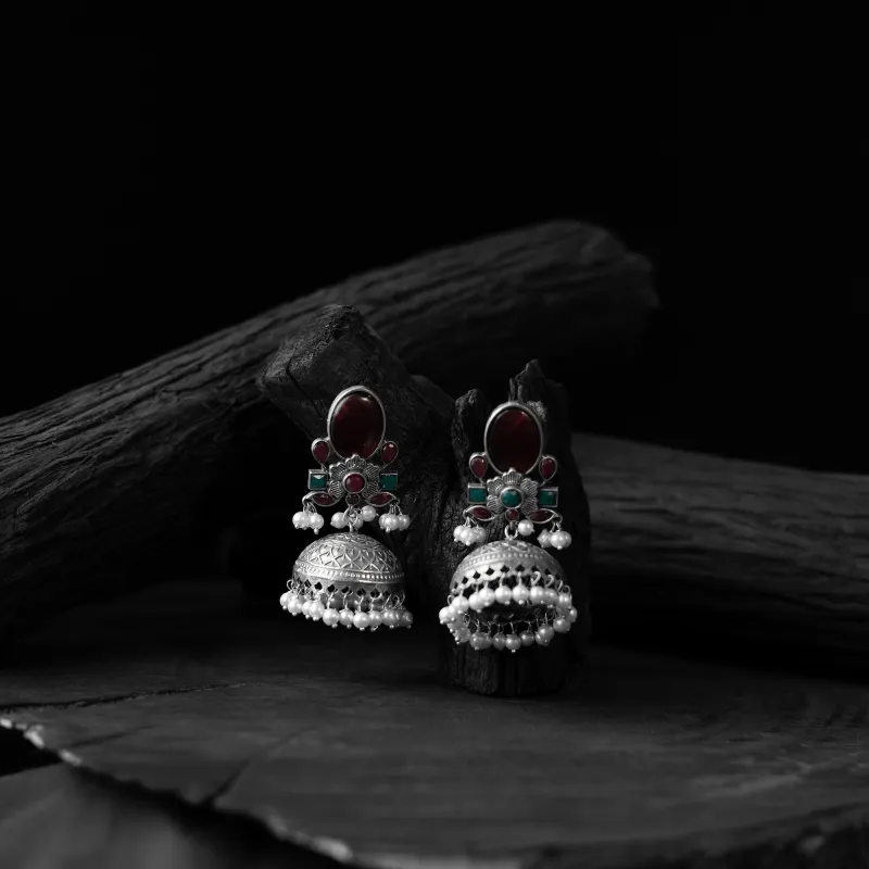 Maroon - Saanjh Bela Stone Oxidised Jhumka Earrings made by Itokri