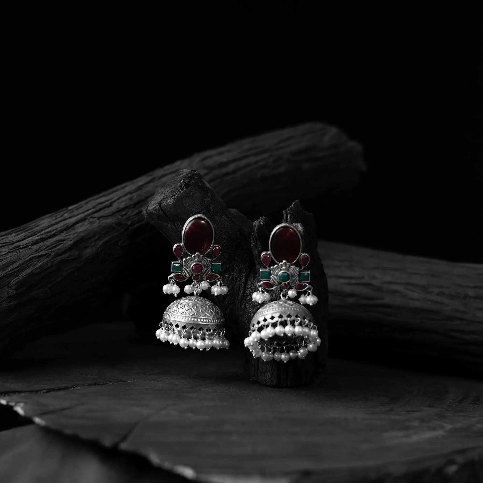 Maroon - Saanjh Bela Stone Oxidised Jhumka Earrings sold by Itokri