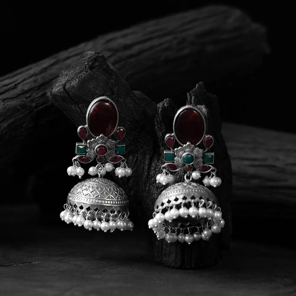 Maroon - Saanjh Bela Stone Oxidised Jhumka Earrings sold by Itokri product image thumbnail 2