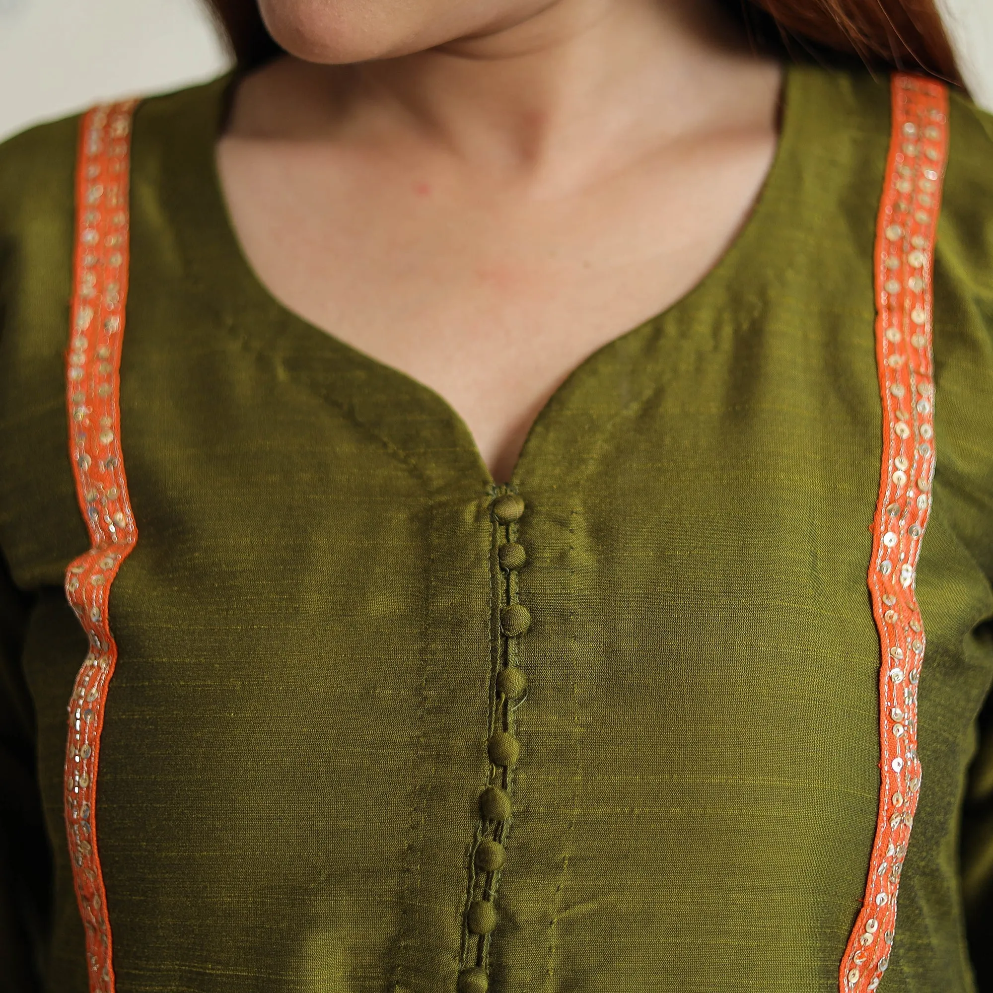 Olive Green - Plain Solid Slub Silk Kurta with Beadwork Hand Embroidery Lace 01 sold by Itokri product image thumbnail 5