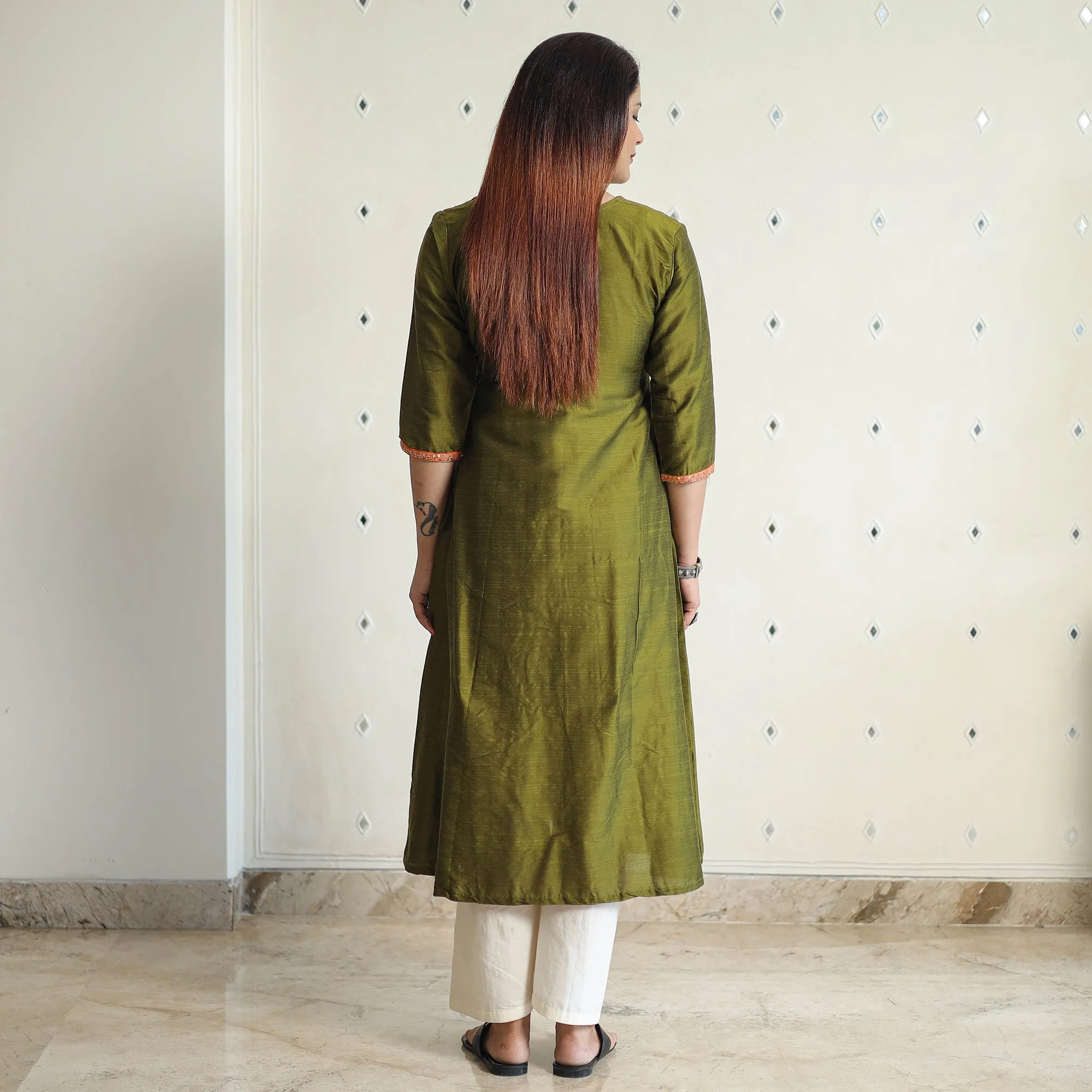 Olive Green - Plain Solid Slub Silk Kurta with Beadwork Hand Embroidery Lace 01 sold by Itokri product image thumbnail 4