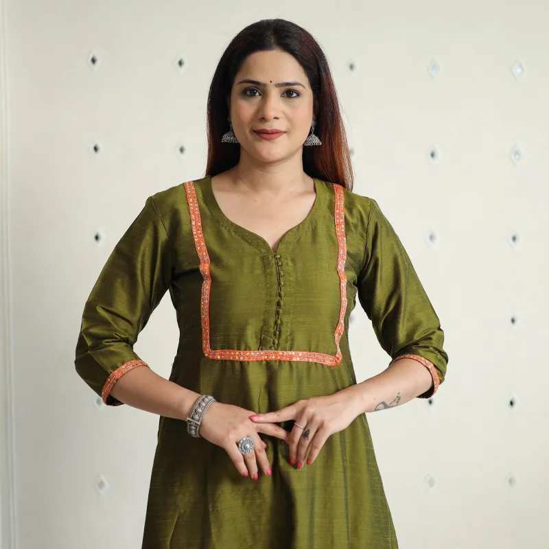 Olive Green - Plain Solid Slub Silk Kurta with Beadwork Hand Embroidery Lace 01 sold by Itokri