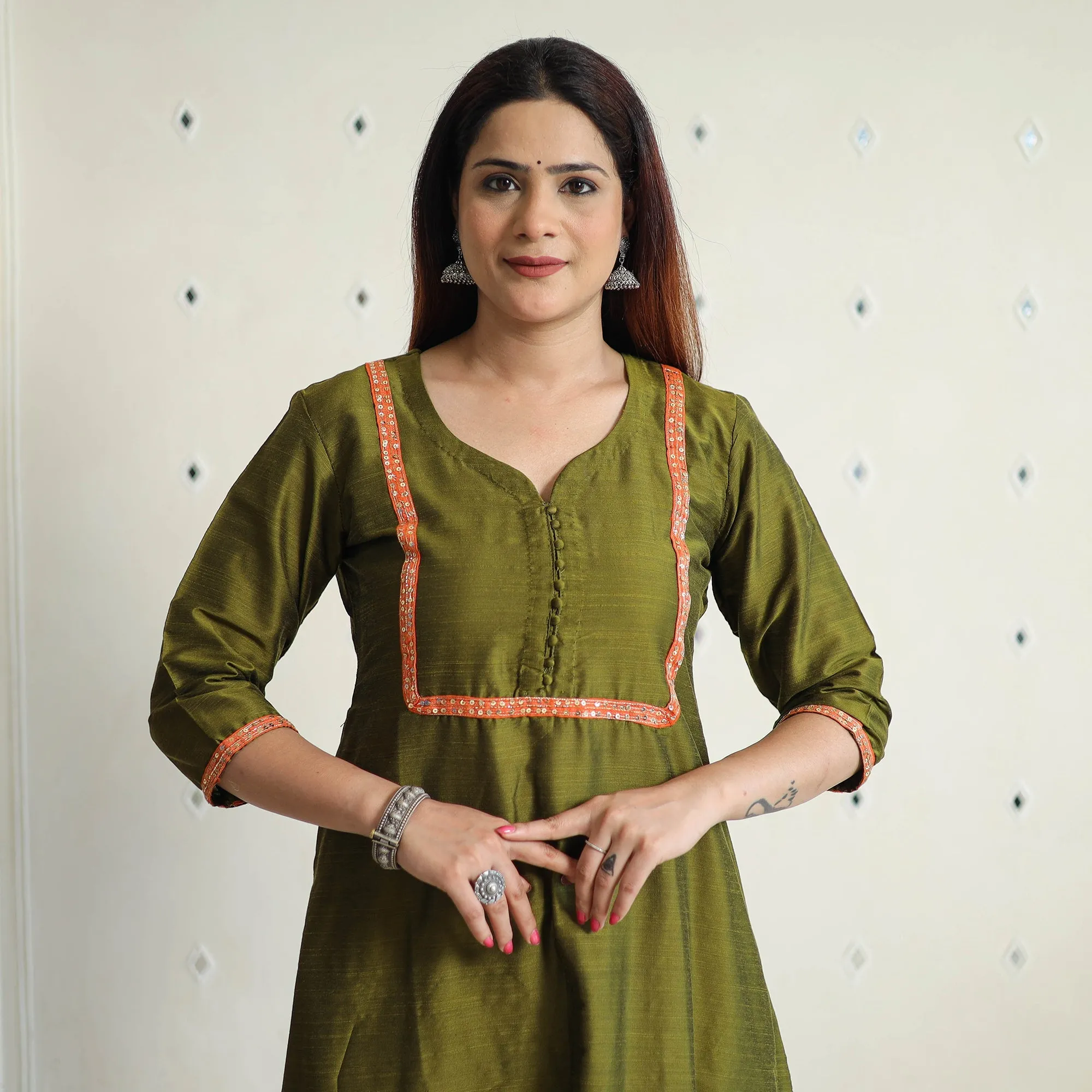 Olive Green - Plain Solid Slub Silk Kurta with Beadwork Hand Embroidery Lace 01 sold by Itokri