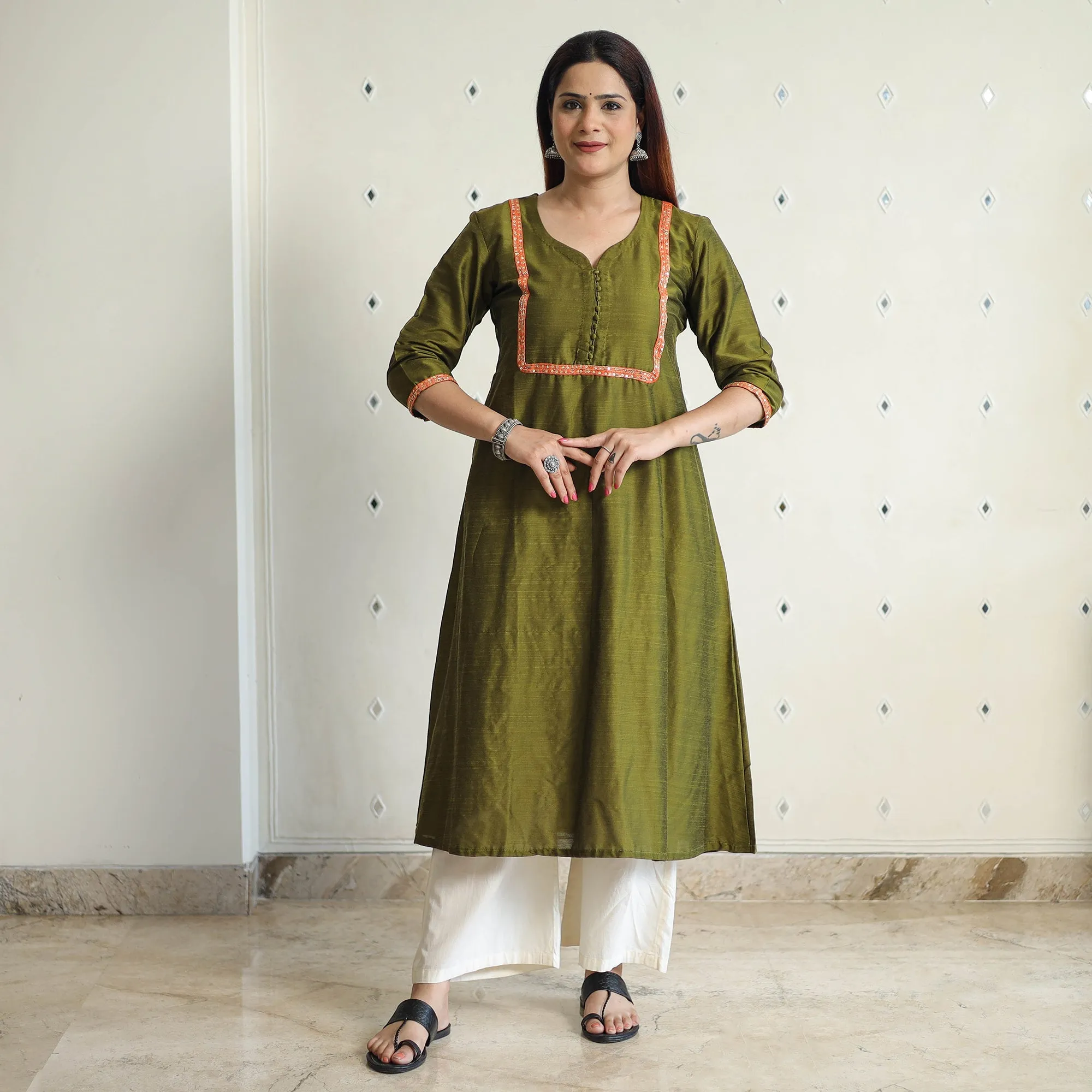 Olive Green - Plain Solid Slub Silk Kurta with Beadwork Hand Embroidery Lace 01 sold by Itokri product image thumbnail 3