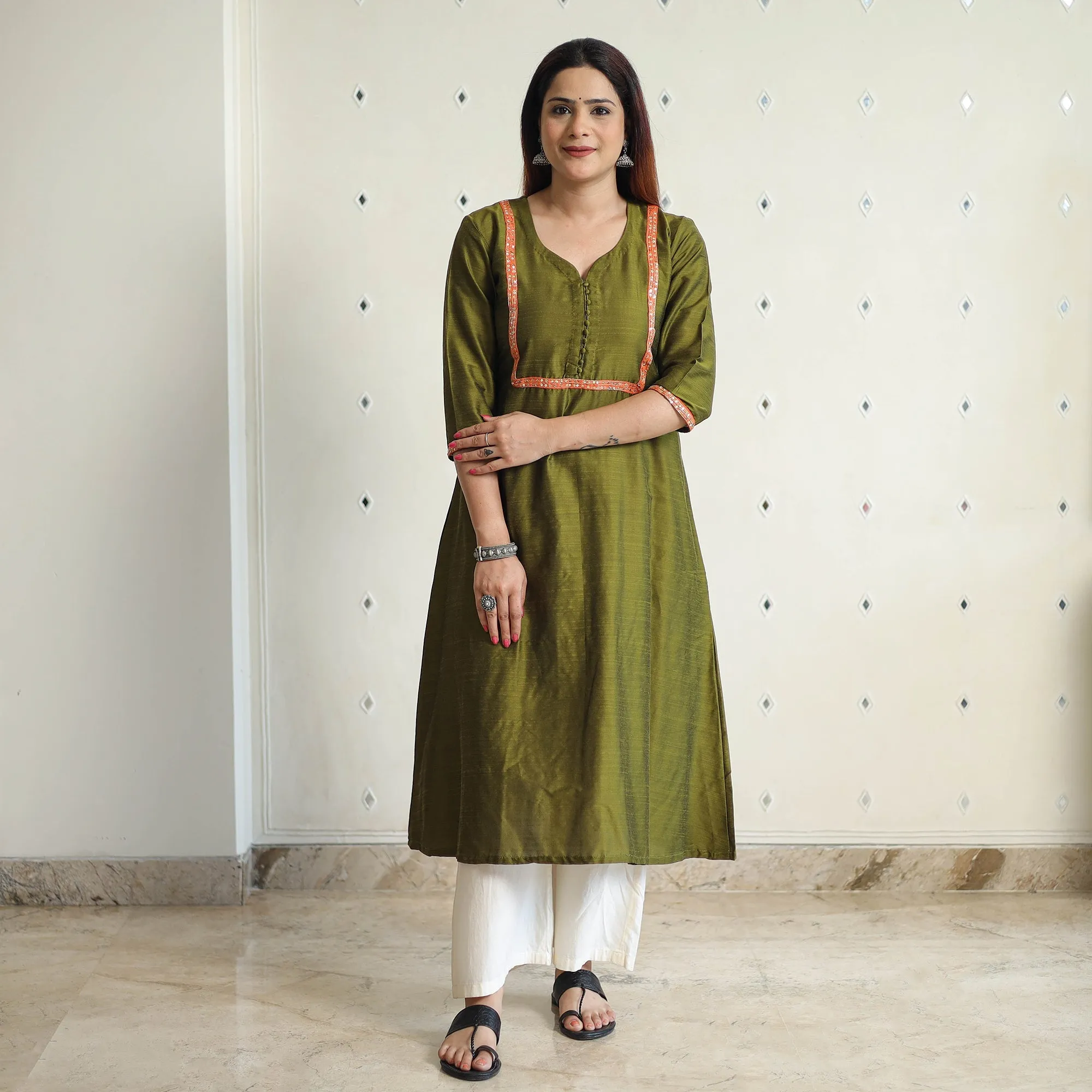 Olive Green - Plain Solid Slub Silk Kurta with Beadwork Hand Embroidery Lace 01 sold by Itokri product image thumbnail 2