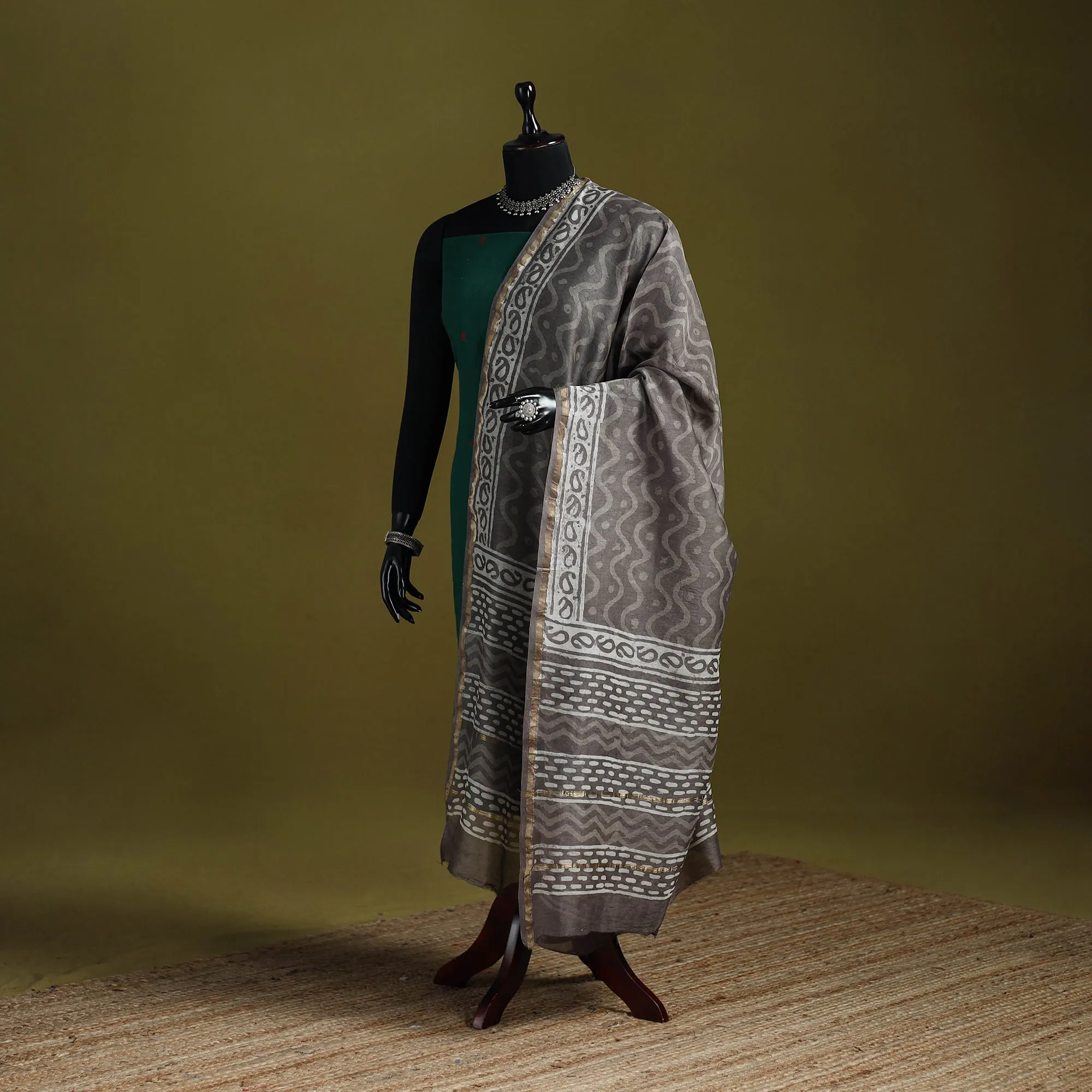 Brown - Chanderi Silk Hand Block Print Natural Dyed Bagru Dupatta 11 sold by Itokri