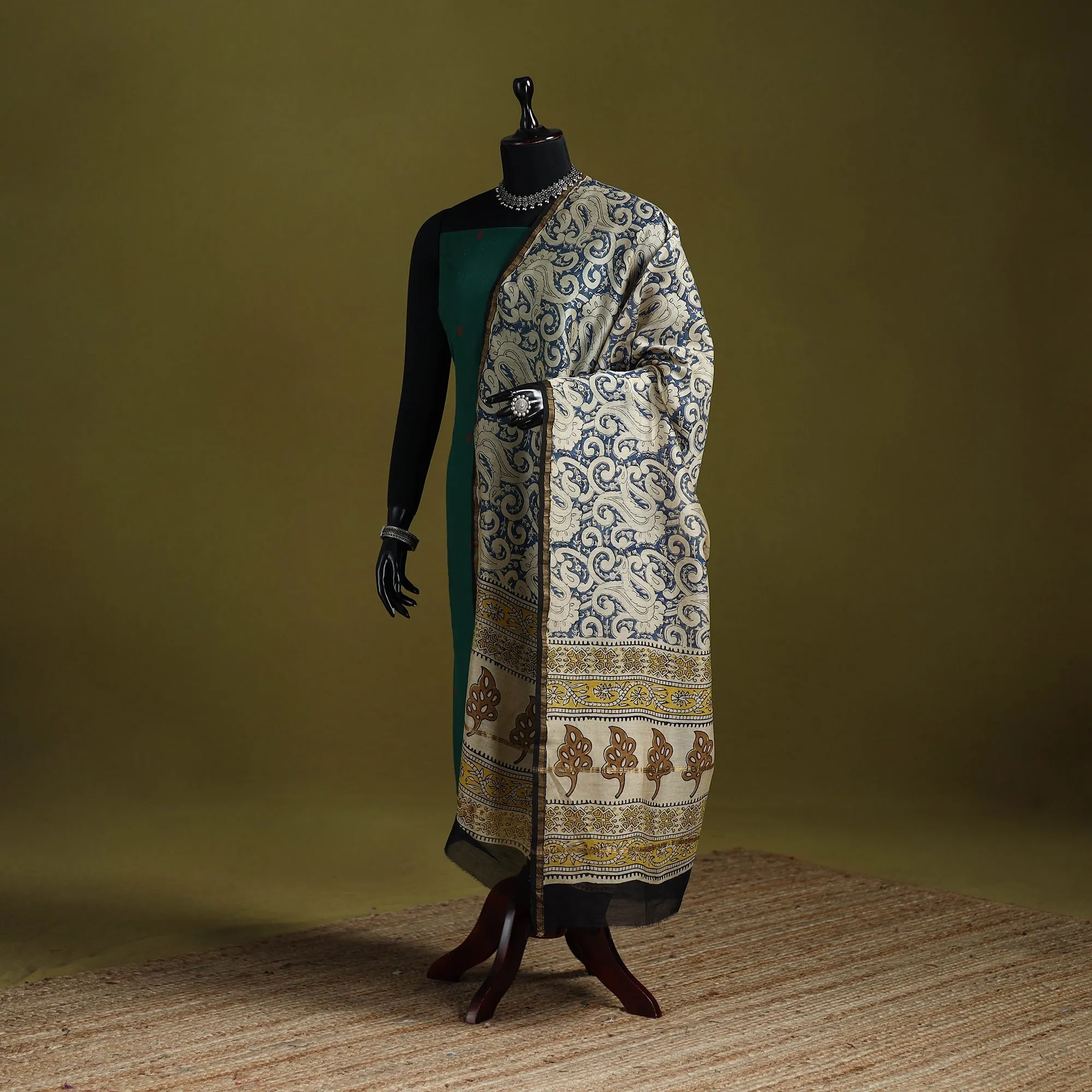 Blue - Chanderi Silk Hand Block Print Natural Dyed Bagru Dupatta 10 sold by Itokri